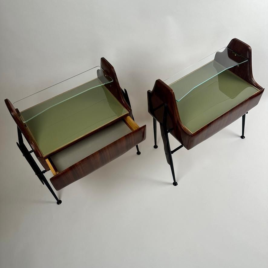 1950's Pair Of Italian Wood, Opaline Glass, Iron & Brass Night Stands W/ Drawers photo 4253.0