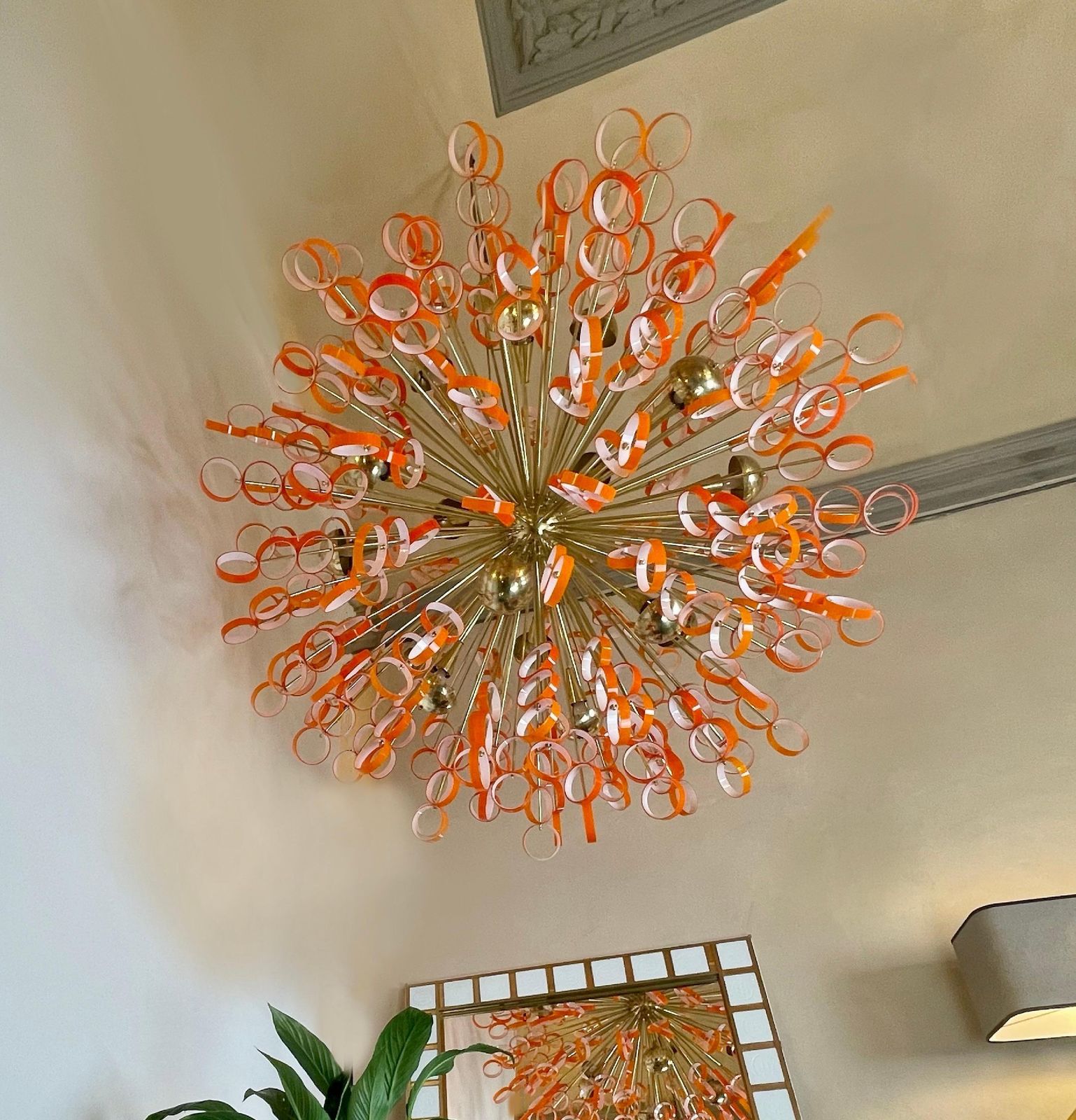 photo for sale Late 20th Century Sputnik Chandelier In Jacketed Orange & White Glass By Vistosi