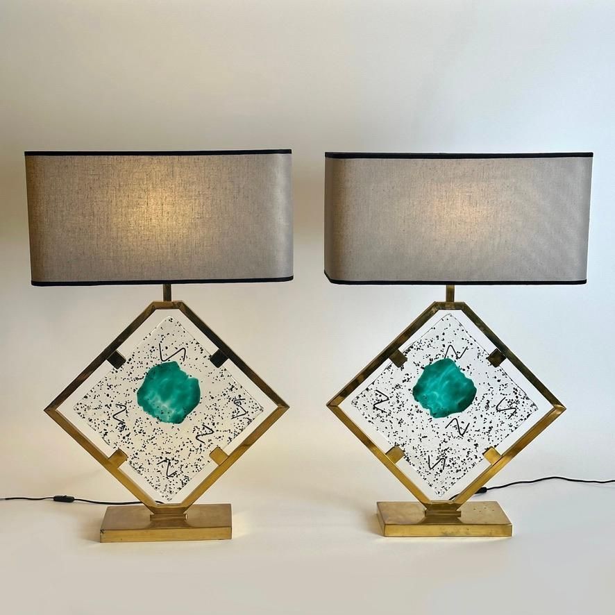 Late 20th Century Pair Of Transparent/Green Murano Art Glass & Brass Table Lamps photo furniture