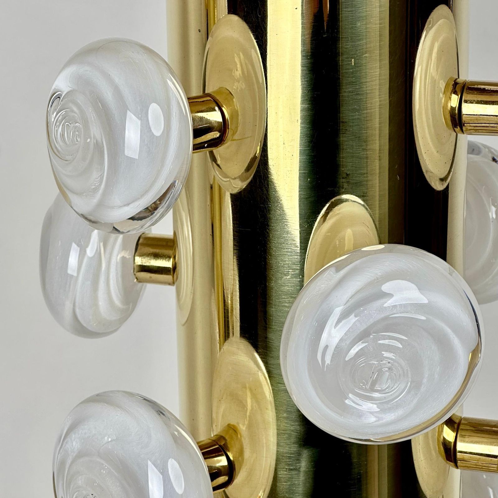 Late 20th Century Pair Of Brass & White Murano Art Glass Butttons Table Lamps photo 3828.0