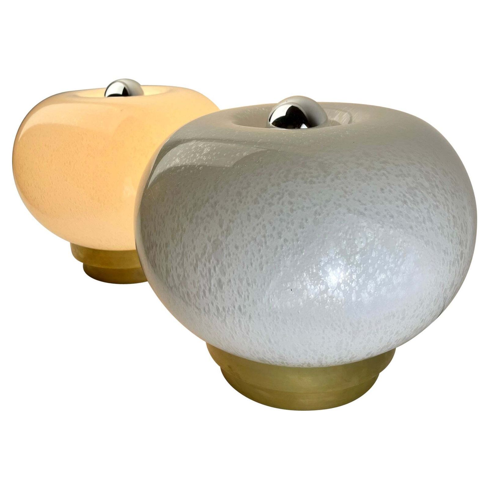 Late 20th Century Pair Of Round White Murano Art Glass & Brass Table Lamps