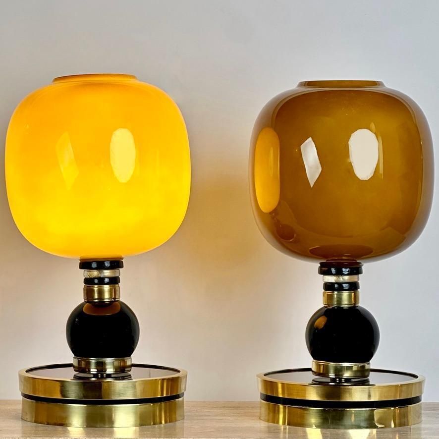 Late20th Century Pair Of Brass, Black Opaline & Caramel Murano Glass Table Lamps photo furniture