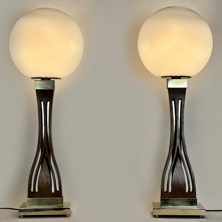 Late 20th Century Pair Of Walnut, Brass & Faded Blown Murano Glass Table Lamps photo furniture
