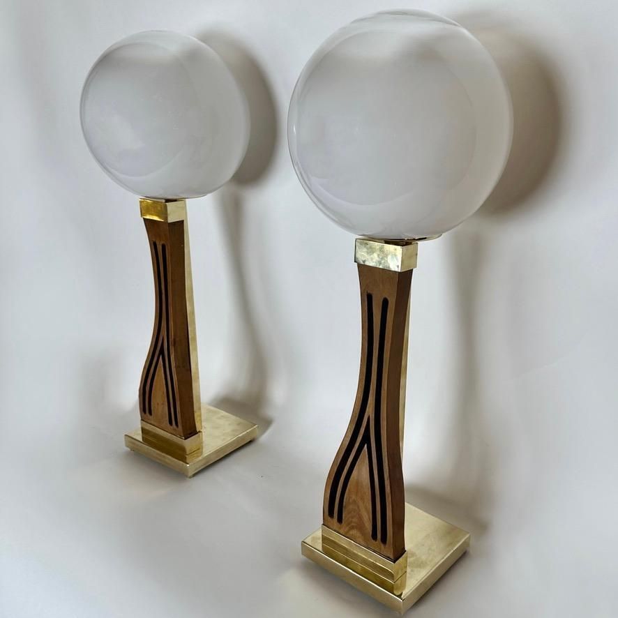 Late 20th Century Pair Of Walnut, Brass & Faded Blown Murano Glass Table Lamps photo for sale