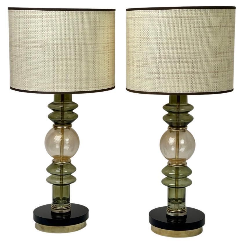 Late 20th Century Pair Of Brass & Green/Gold Murano Art Glass Table Lamps