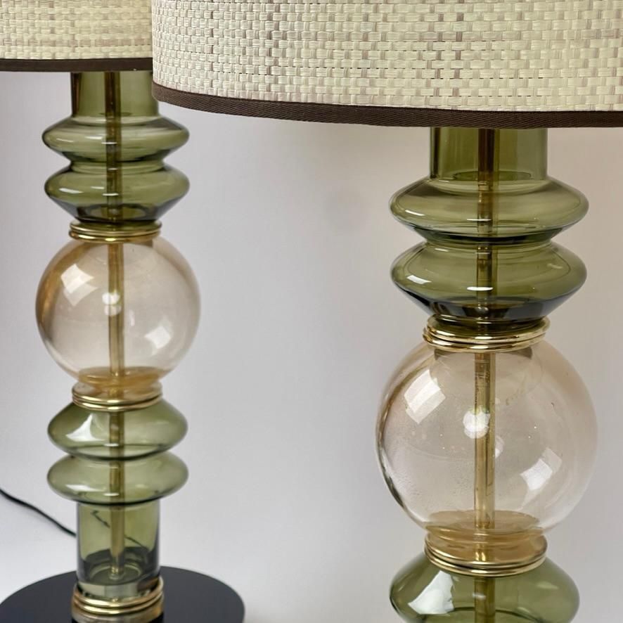 Late 20th Century Pair Of Brass & Green/Gold Murano Art Glass Table Lamps photo Lighting
