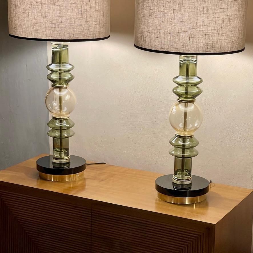 Lighting Late 20th Century Pair Of Brass & Green/Gold Murano Art Glass Table Lamps photo