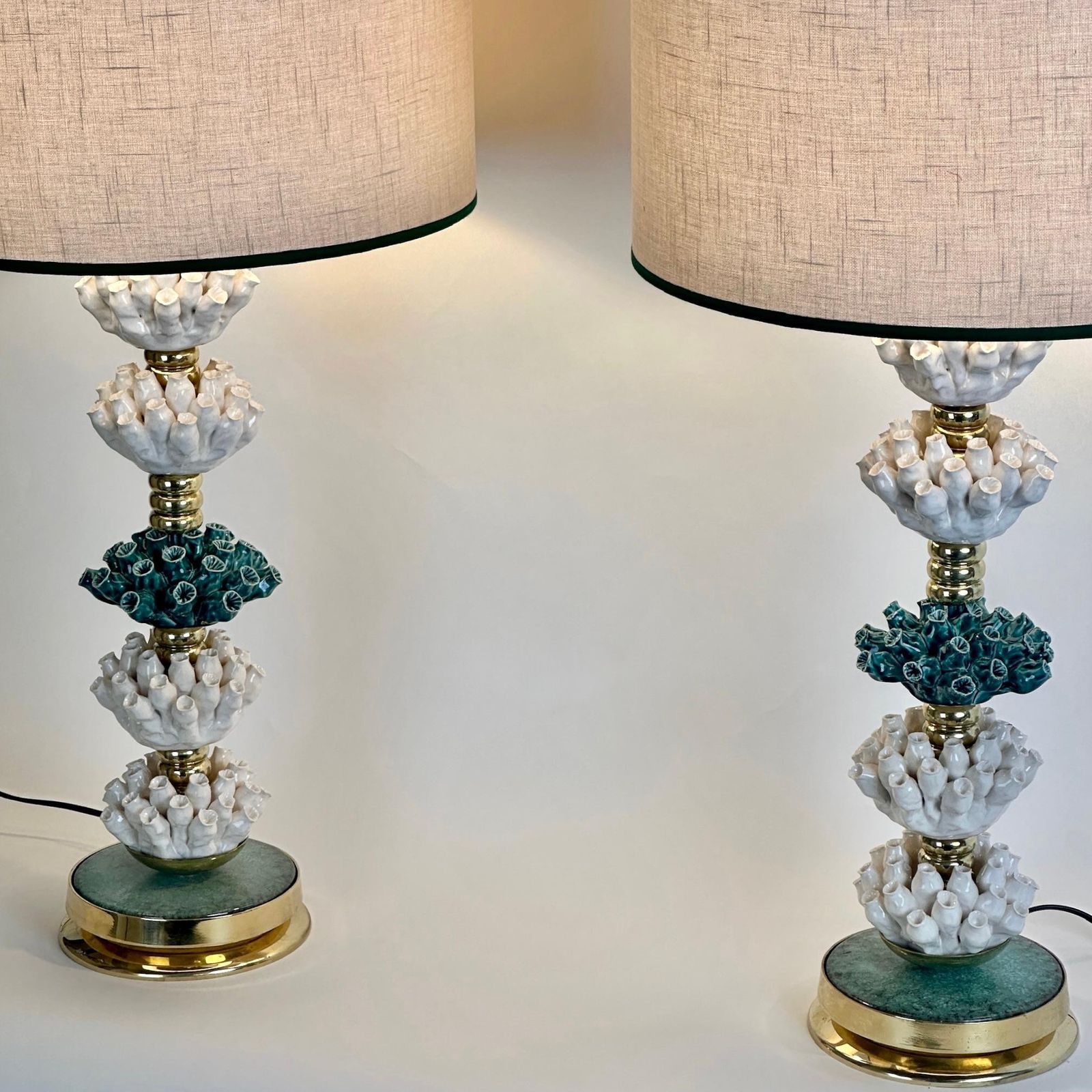 Late 20th Century Pair Of Italian Brass W/ Green & White Ceramic Table Lamps photo furniture