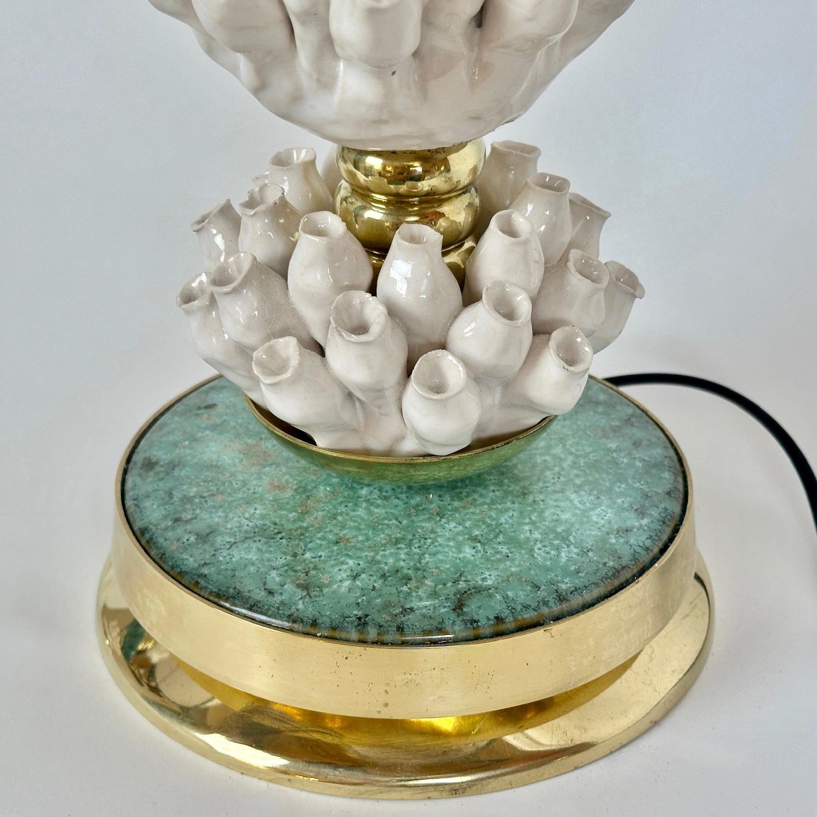 Lighting Late 20th Century Pair Of Italian Brass W/ Green & White Ceramic Table Lamps photo