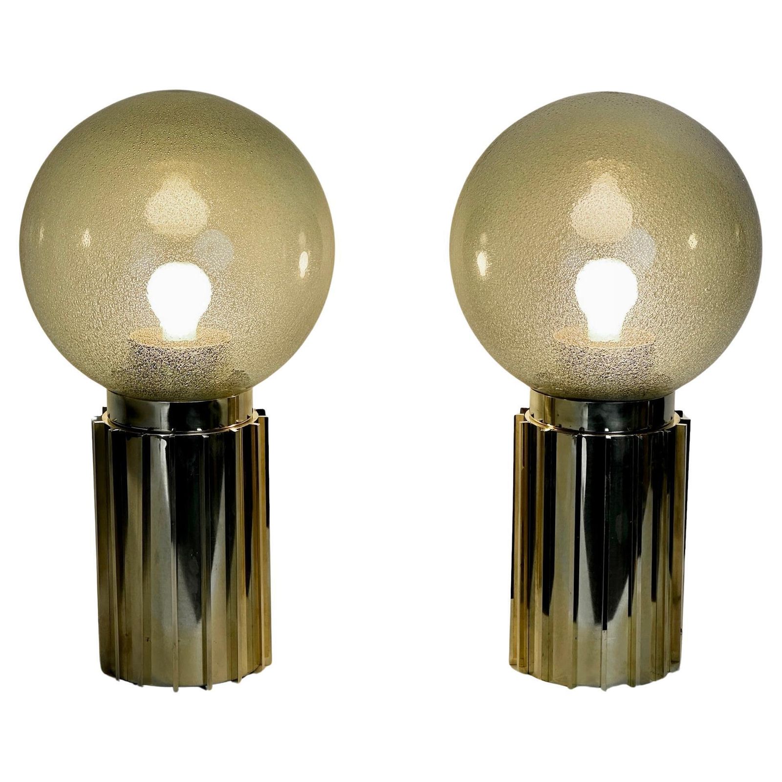 Late 20th Century Pair Of Brass & Smoked Pulegoso Murano Art Glass Table Lamps