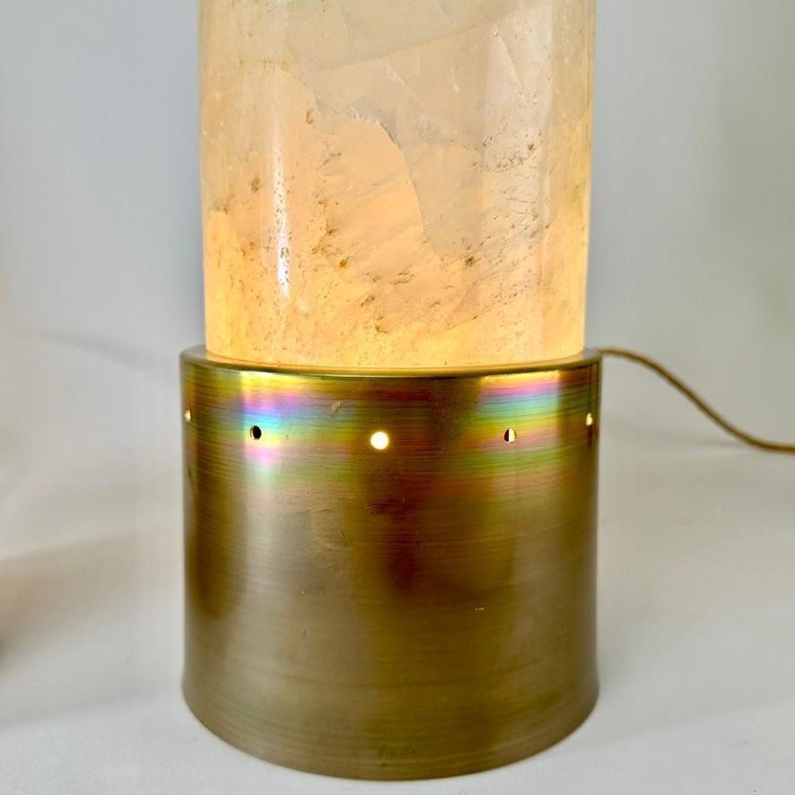 photo for sale Late 20th Century Pair Of Round Brass & White Rock Crystal Stone Table Lamps