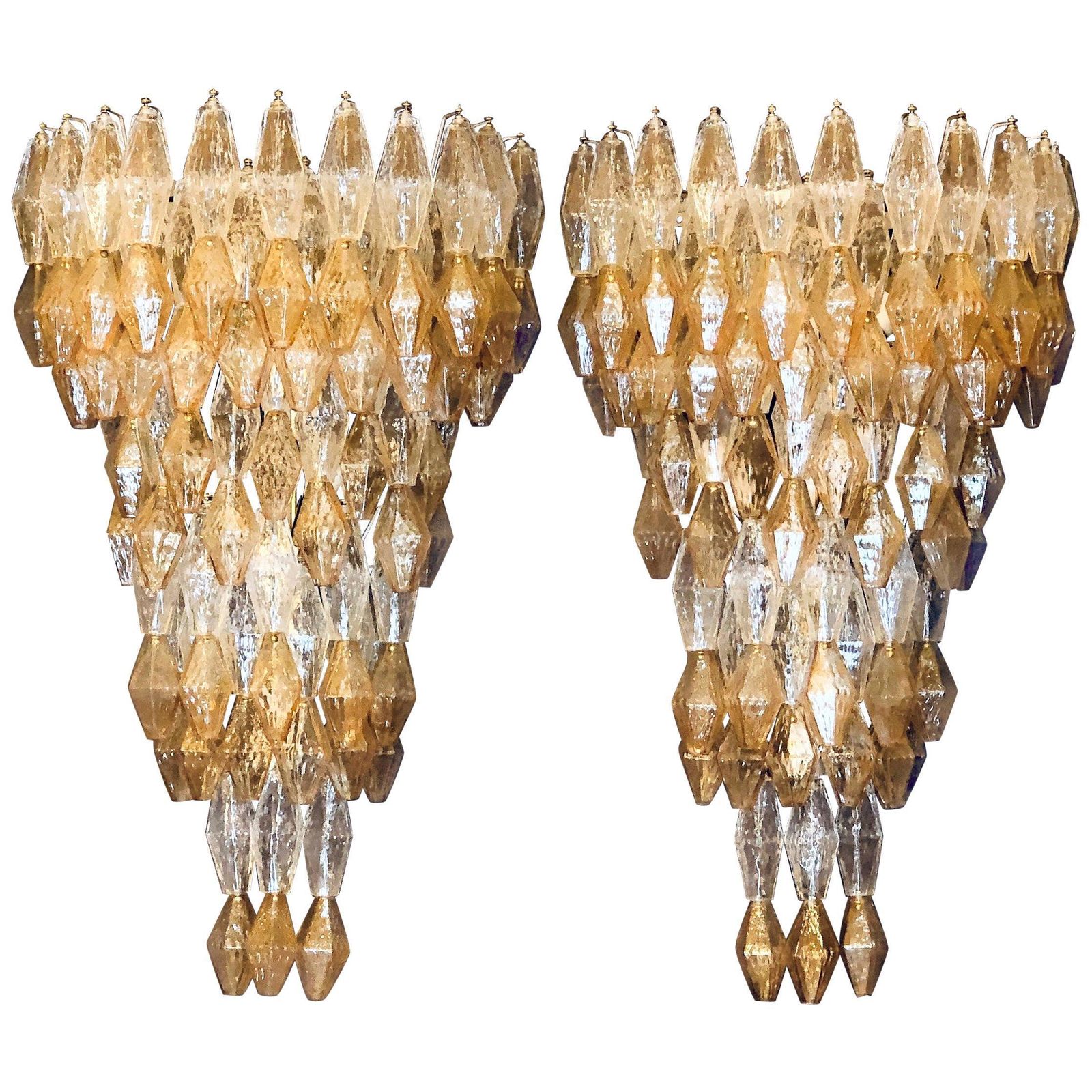 Late 20th Century Pair Of Transparent And Amber Polyhedrons Murano Glass Sconces