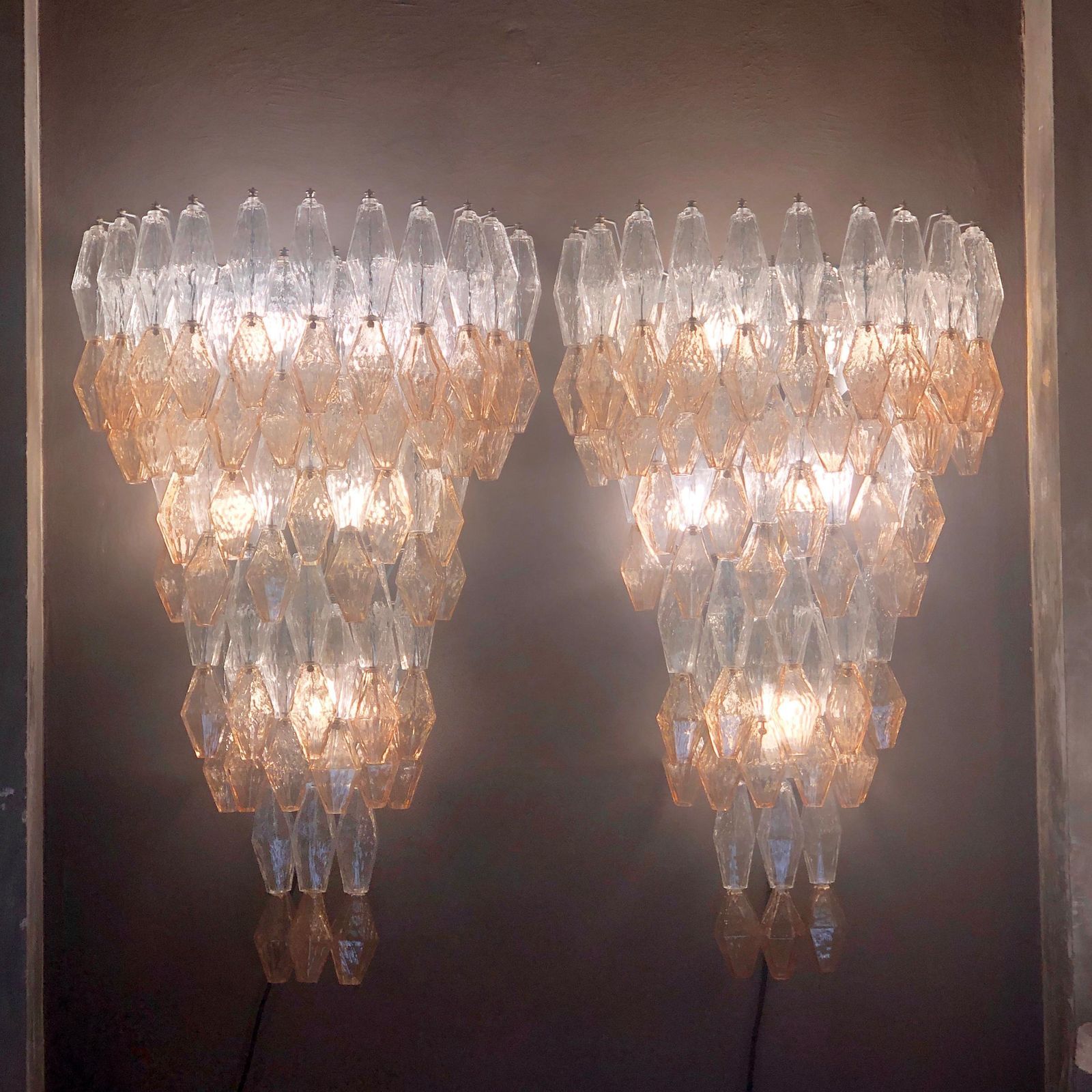 Late 20th Century Pair Of Transparent And Amber Polyhedrons Murano Glass Sconces photo furniture