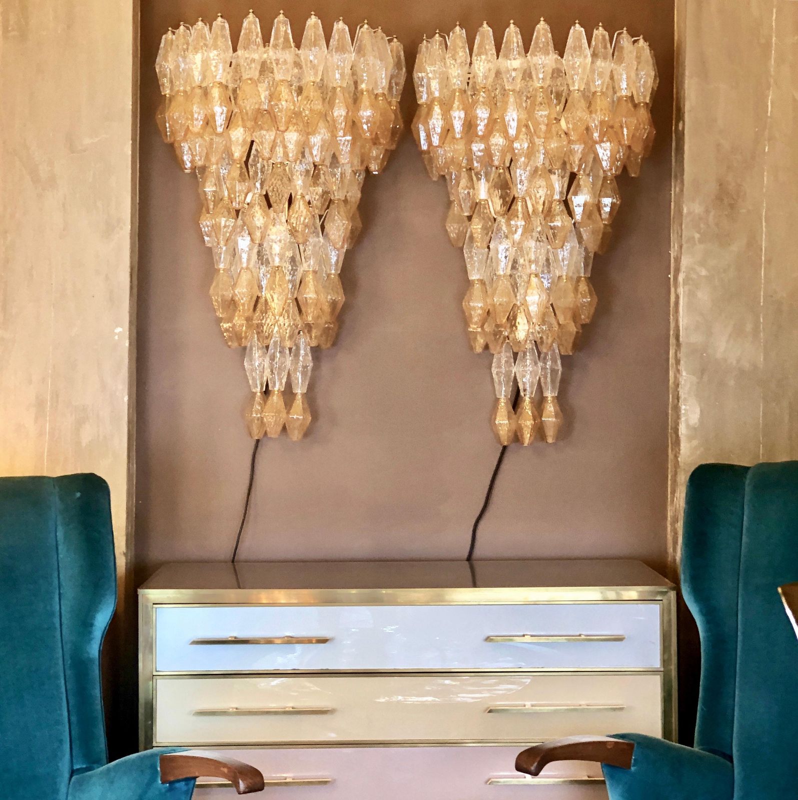 Late 20th Century Pair Of Transparent And Amber Polyhedrons Murano Glass Sconces photo 6805.0