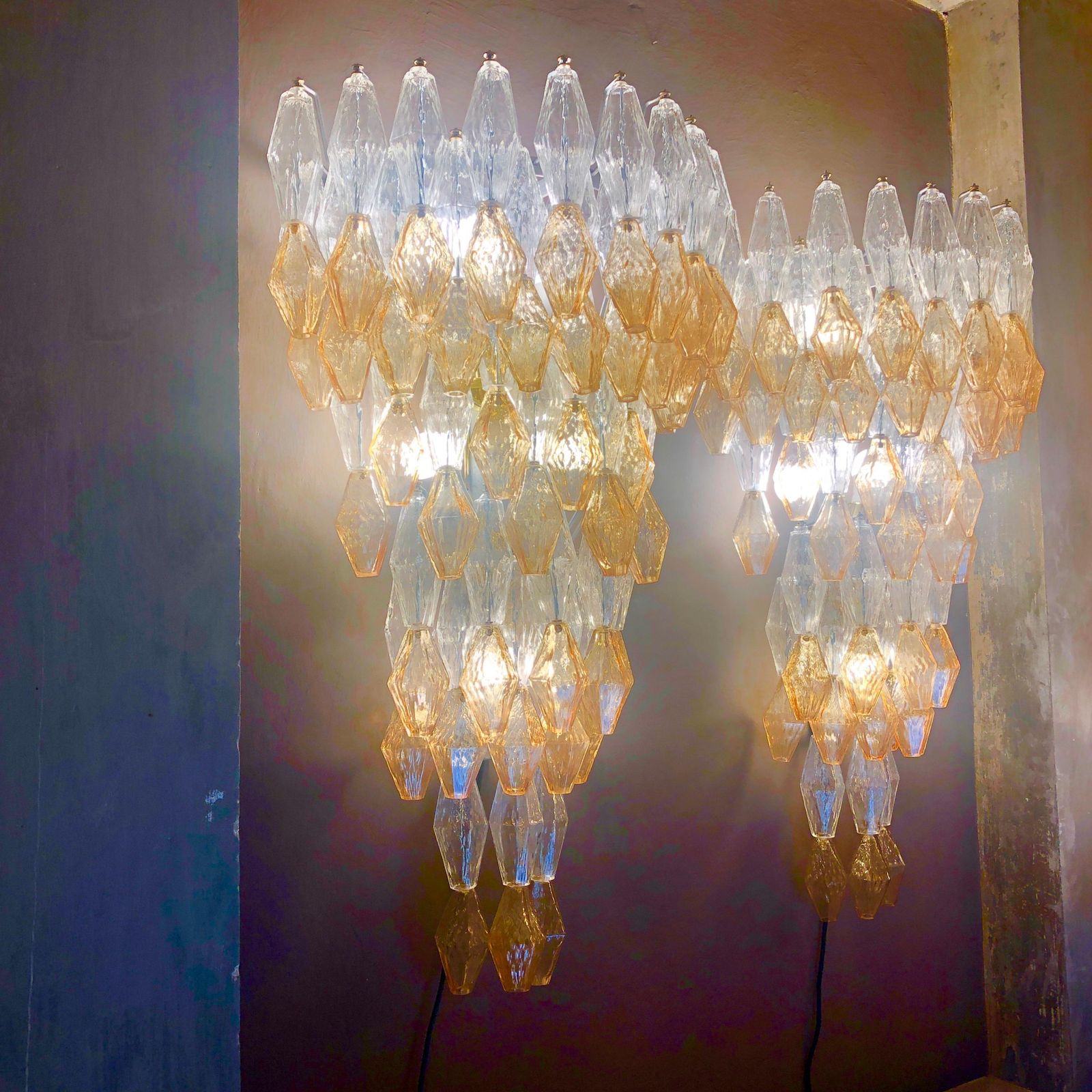 Late 20th Century Pair Of Transparent And Amber Polyhedrons Murano Glass Sconces photo vintage