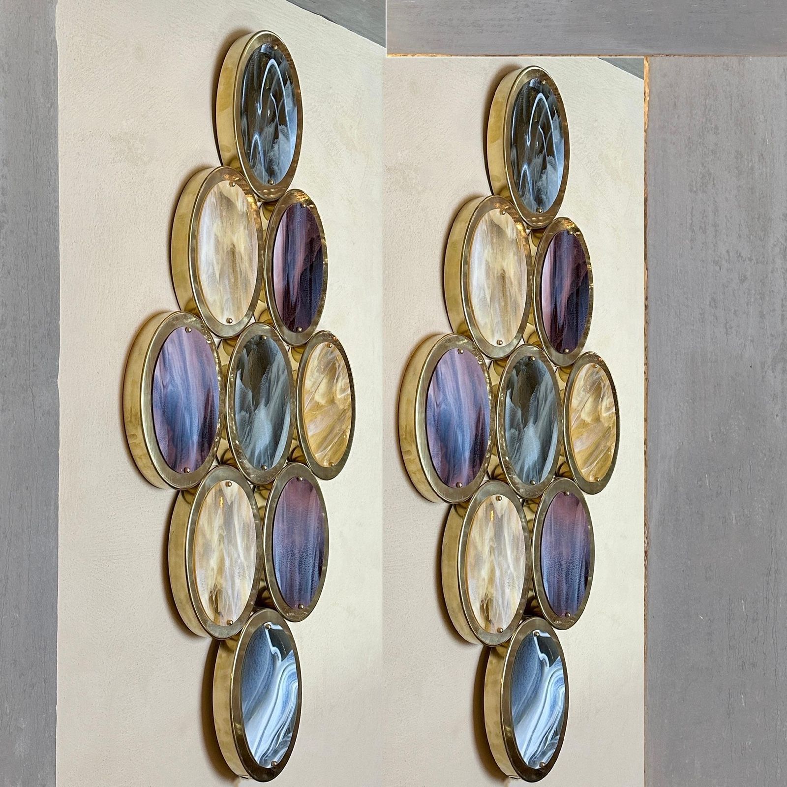 Late 20th Century, Pair Of Brass & Oval Multicolored Murano Art Glass Sconces photo furniture
