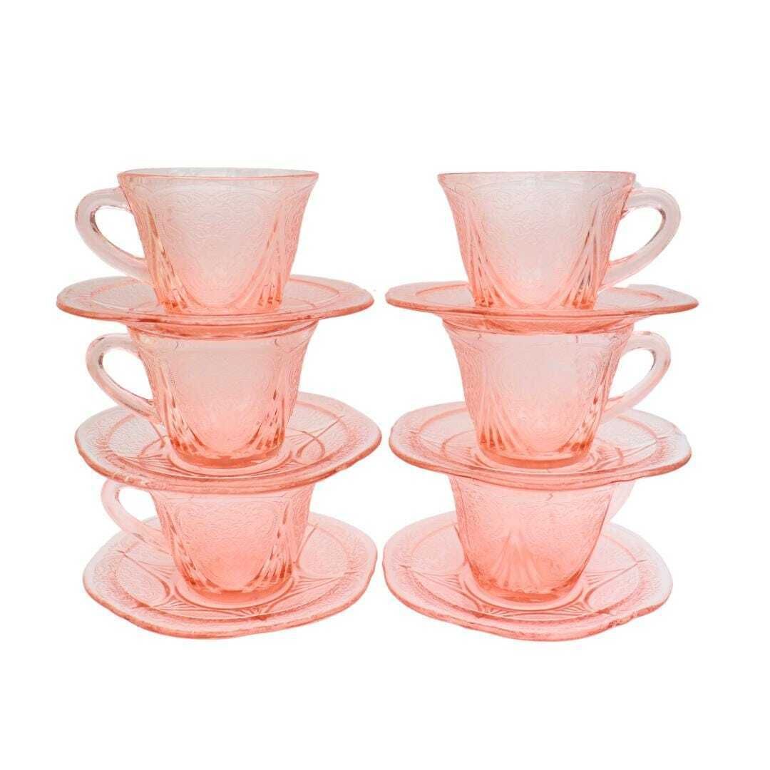 6 Art Deco Pink Pressed Glass Tea Cups And Saucers By Hazel Atlas Royal Lace Pattern