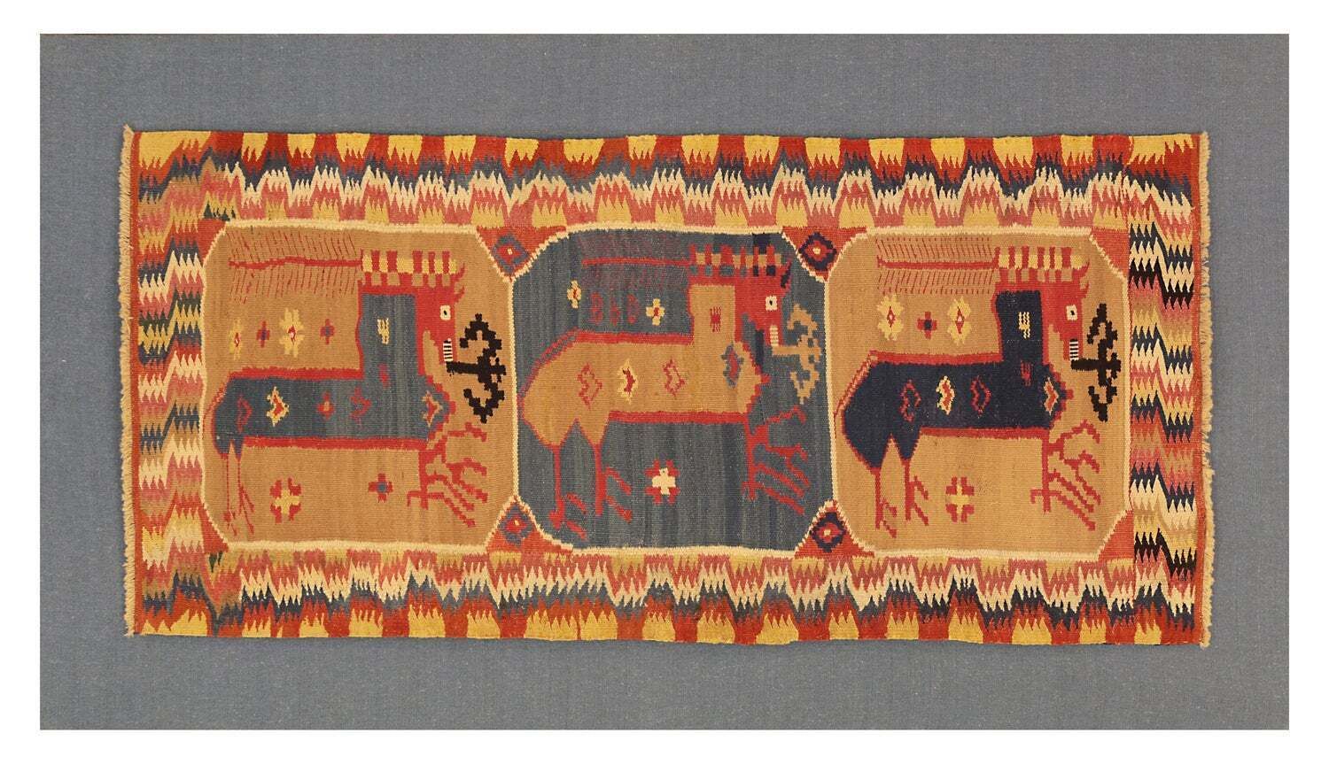 Antique Swedish Horse Design Beige And Blue Textile, 19th Century