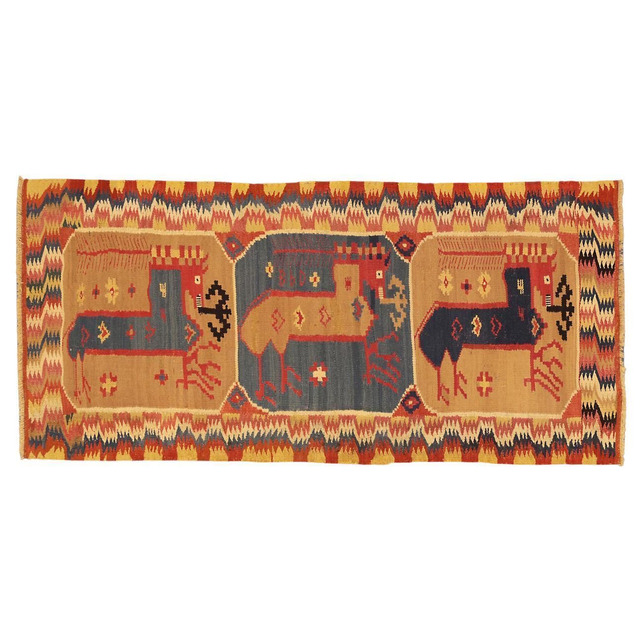 Antique Swedish Horse Design Beige And Blue Textile, 19th Century photo furniture