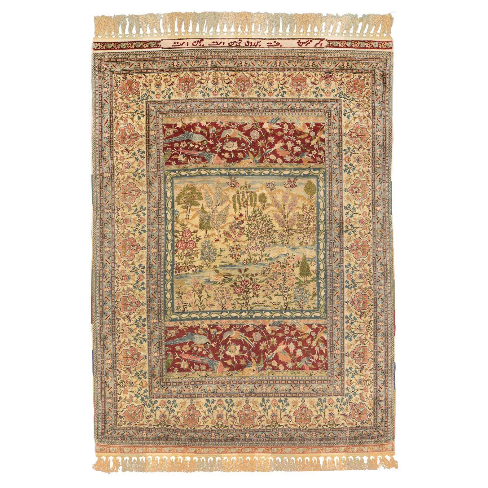 Signed "Paradise Rug" Turkish Hereke Silk & Metal Rug, Xxi Century