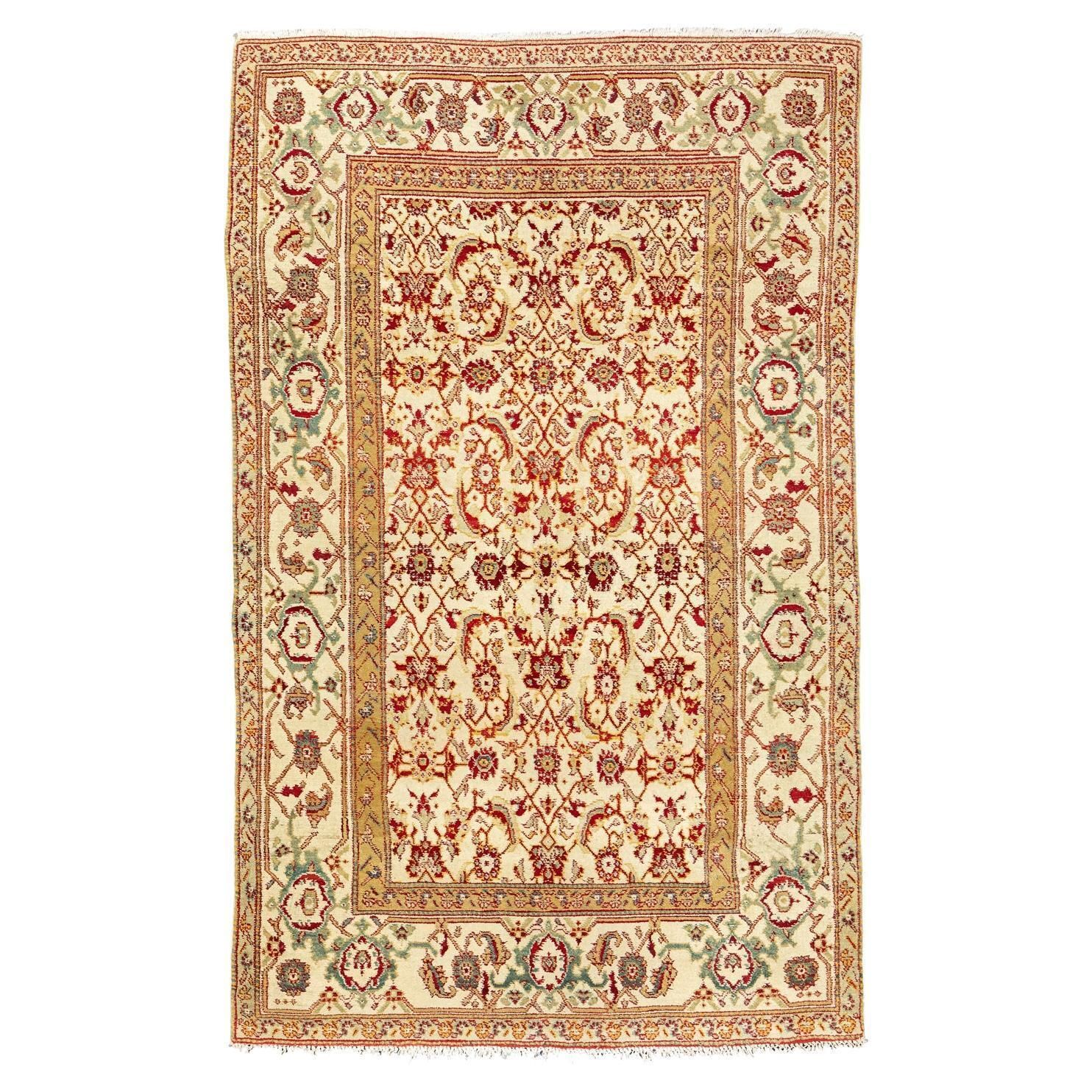 Indian Agra Fish Design Antique Rug Ivory Field Floral All Over