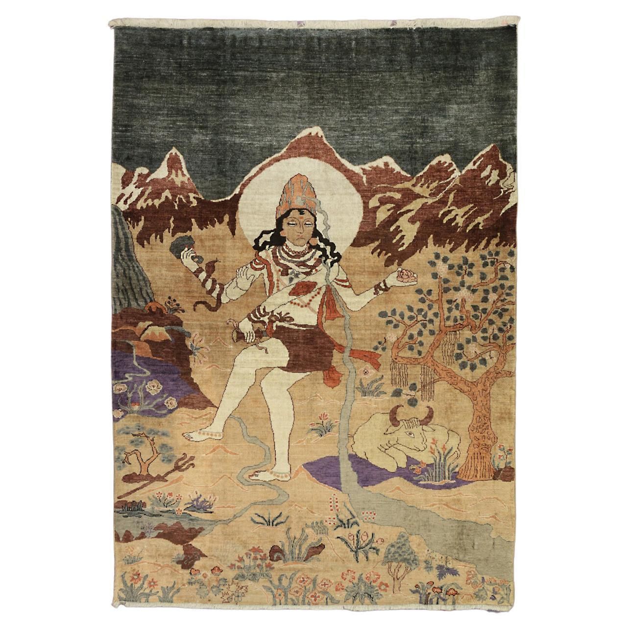Antique Indian God Design Silk Extremely Fine Deccani Rug, 1900 1920