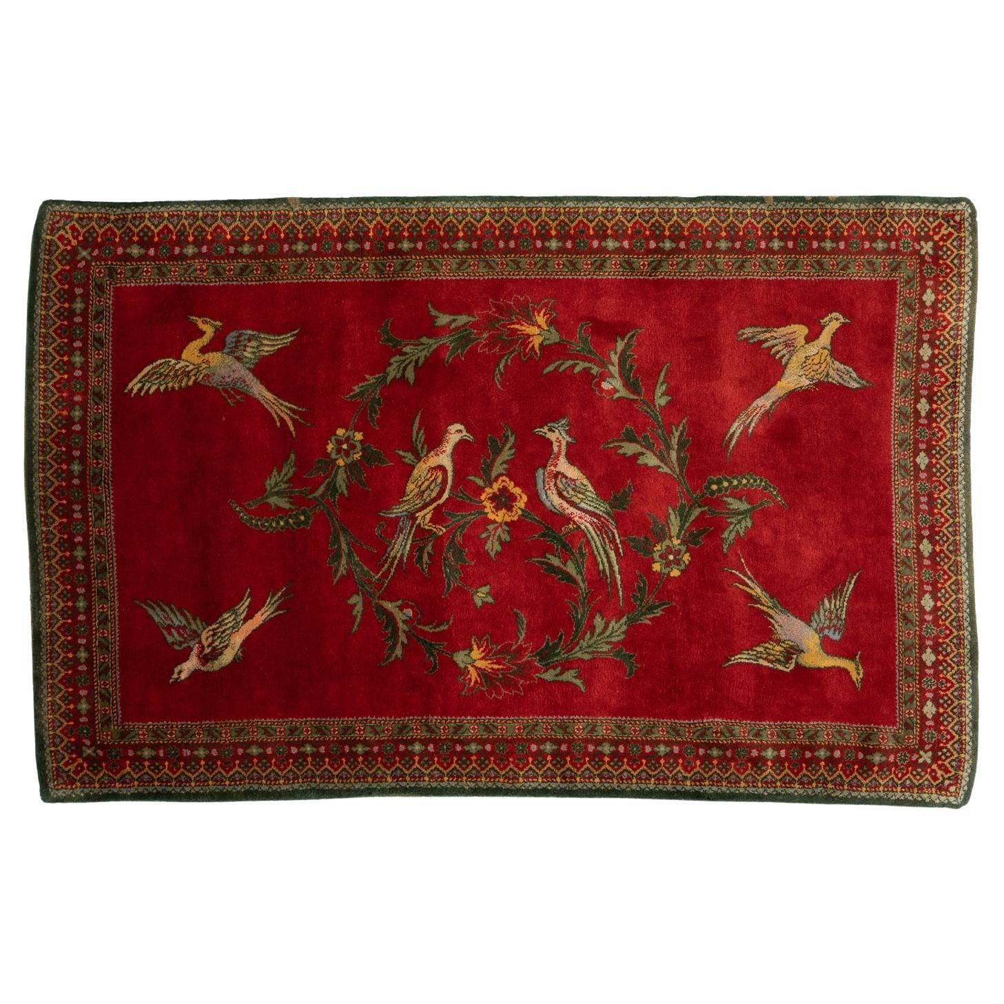 European Rug Cherry Field With Birds And Flower Rings, Ca. 1880