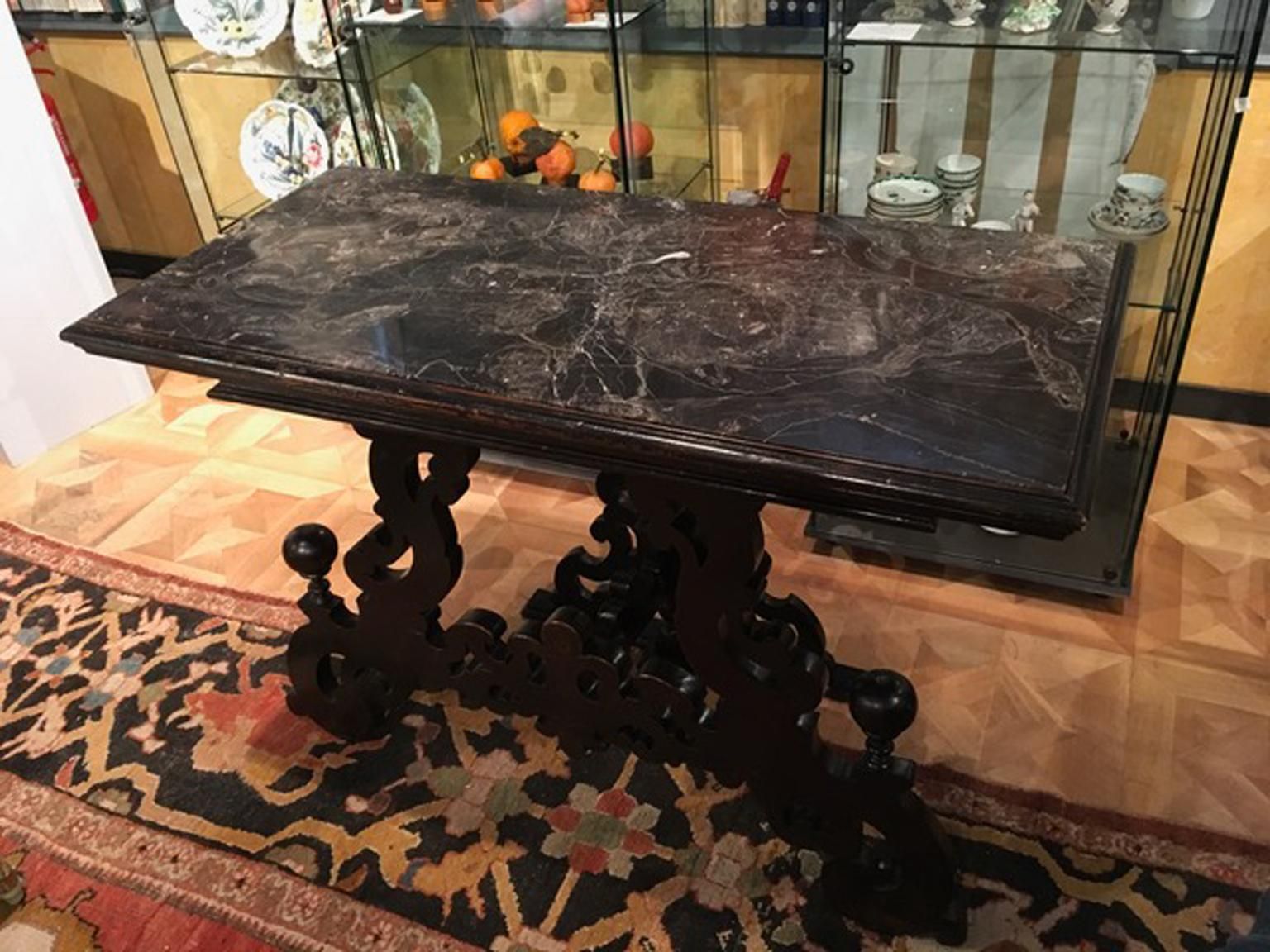 photo for sale Late 17th Century Italian Wood Ebony Hand Carved Black Marble Console