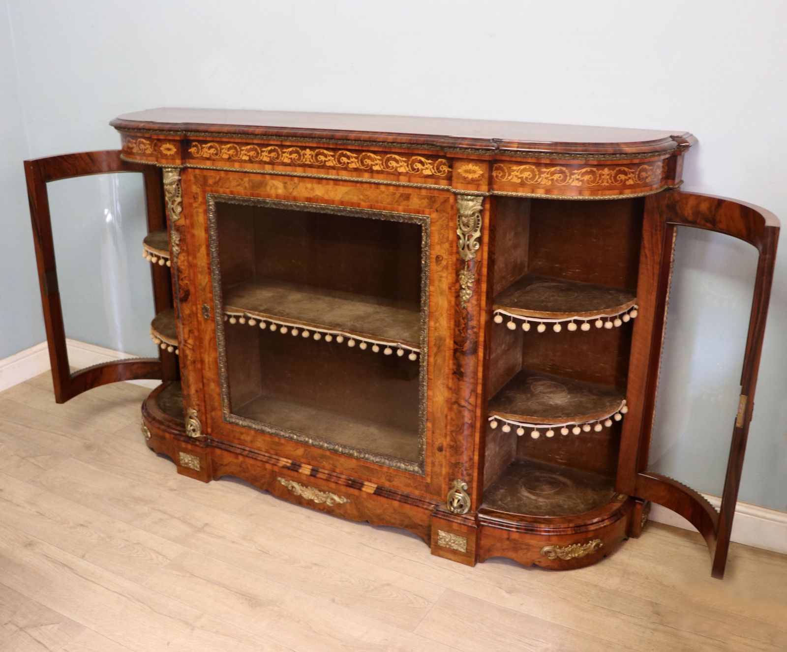 photo buy A Lovely Victorian Walnut Veneered, Inlaid And Gilt Metal Mounted Credenza Cabinet.