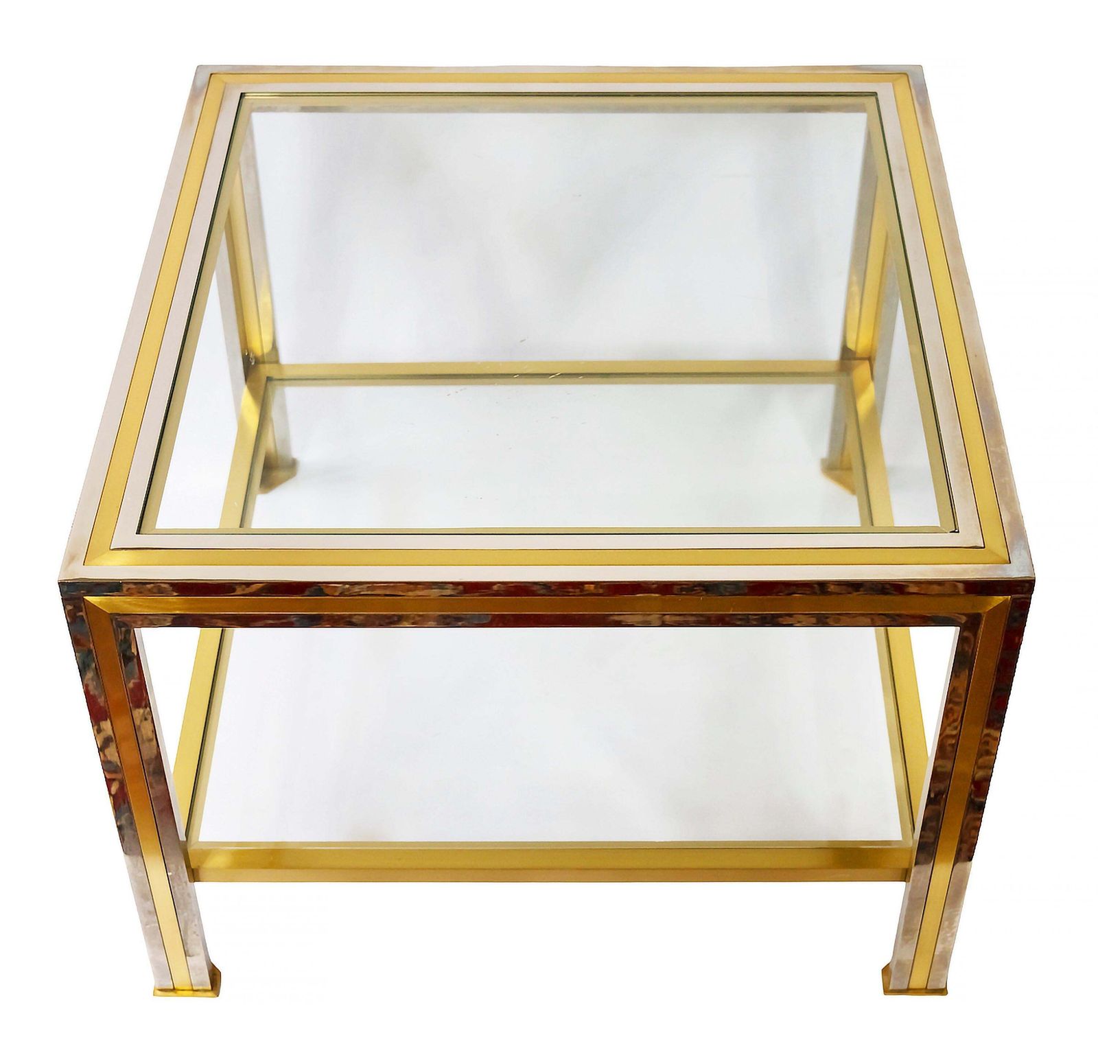Pair Of Mid Century Italian Brass, Chrome And Glass Top Side Tables photo for sale