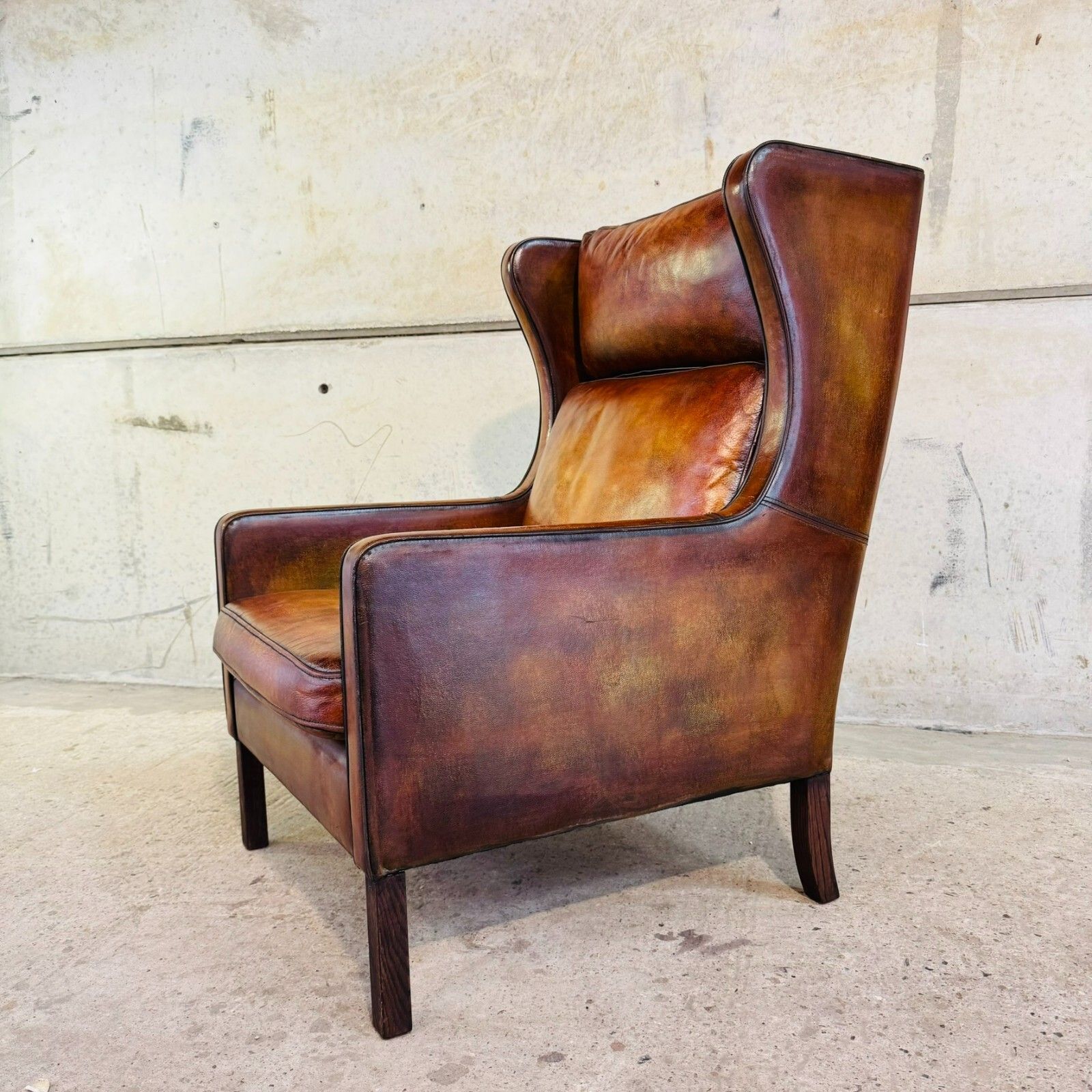 Vintage Danish High Back Patinated Tan Leather Armchair #A537 photo vinterior