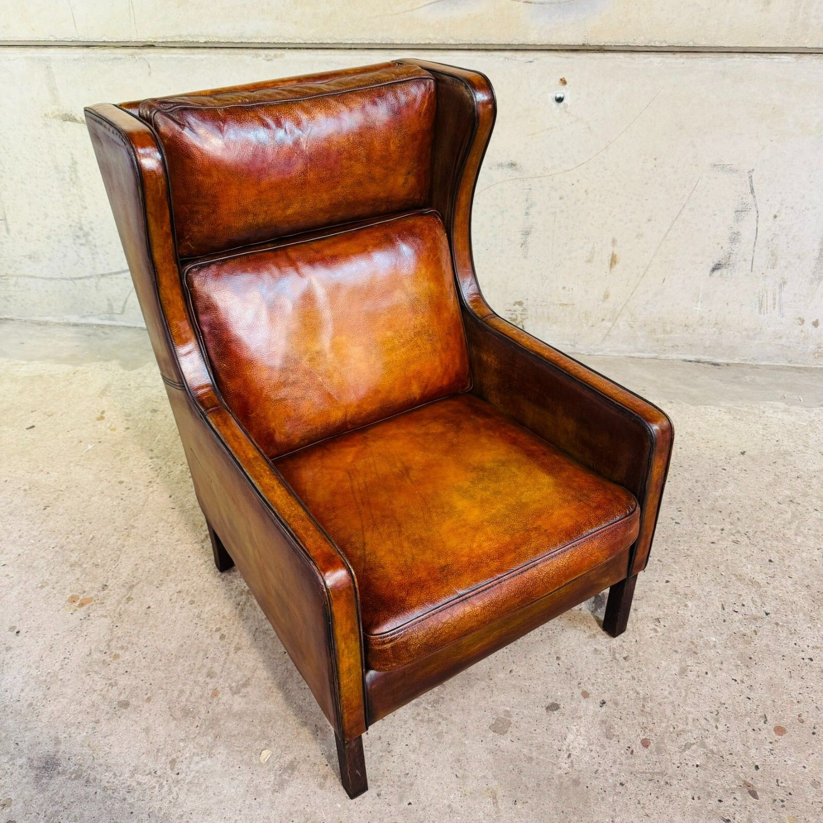 Furniture Vintage Danish High Back Patinated Tan Leather Armchair #A537 photo