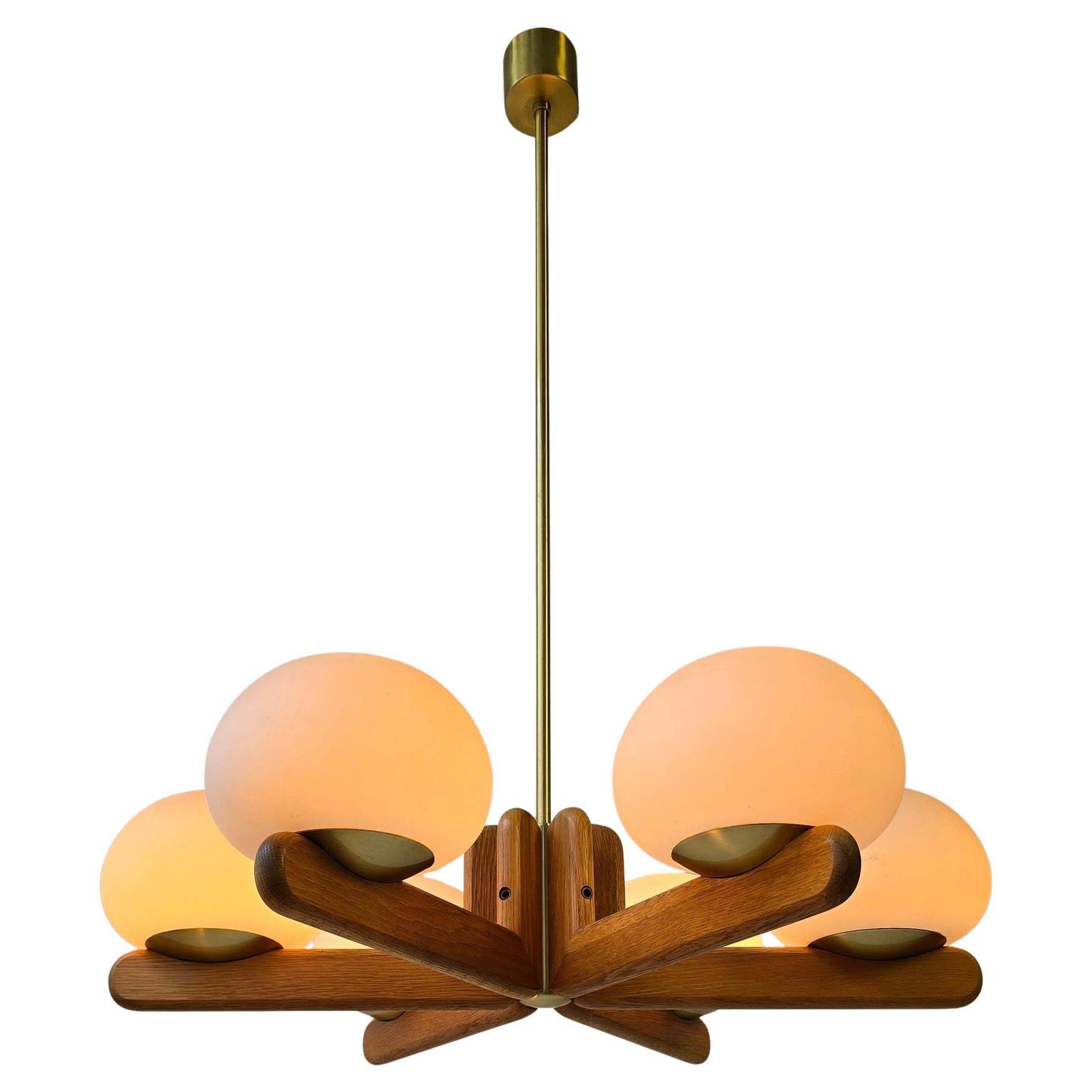 Wonderful Minimalistic Oak And Opal Glass Chandelier By Kaiser, Germany 1970s photo for sale