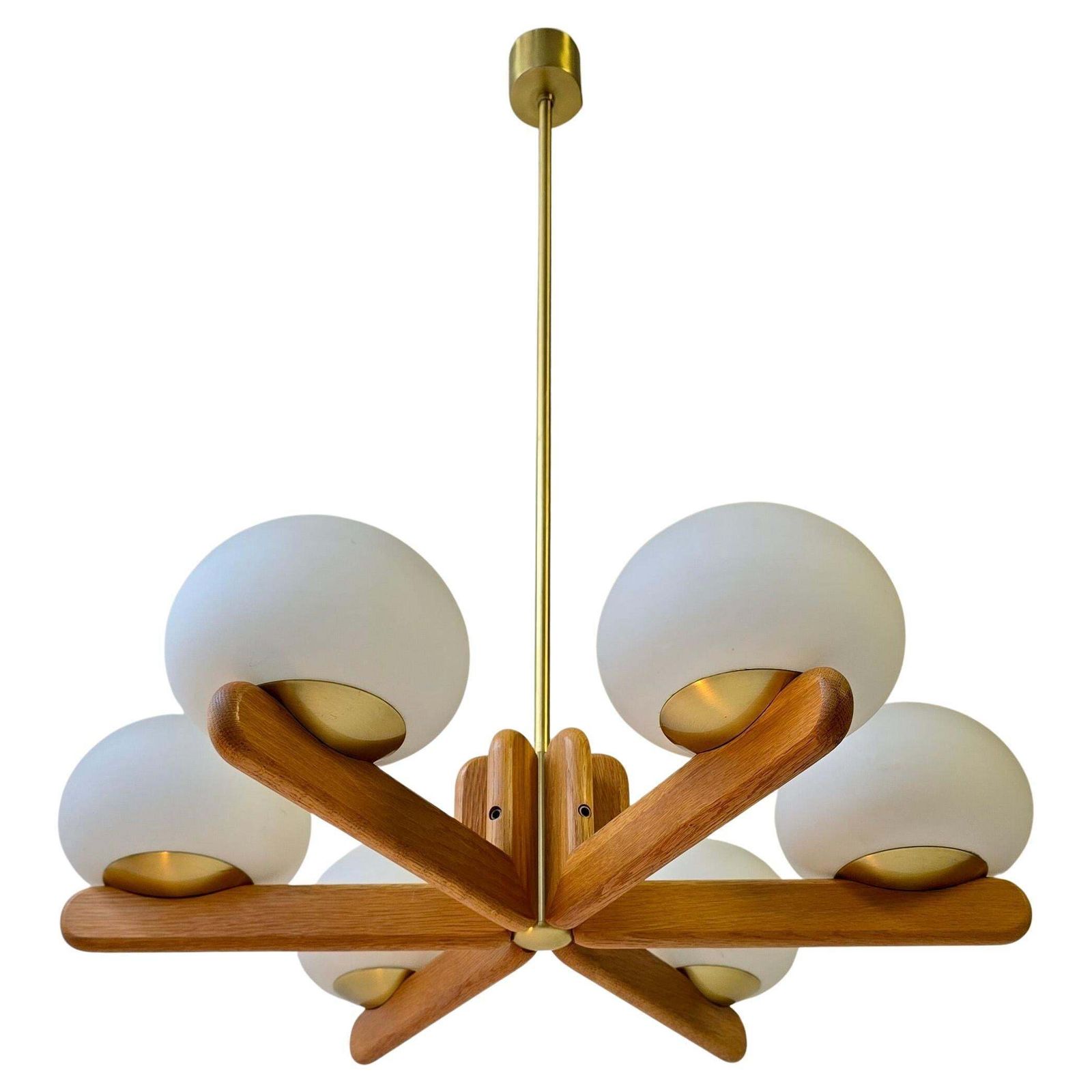 Wonderful Minimalistic Oak And Opal Glass Chandelier By Kaiser, Germany 1970s photo vinterior