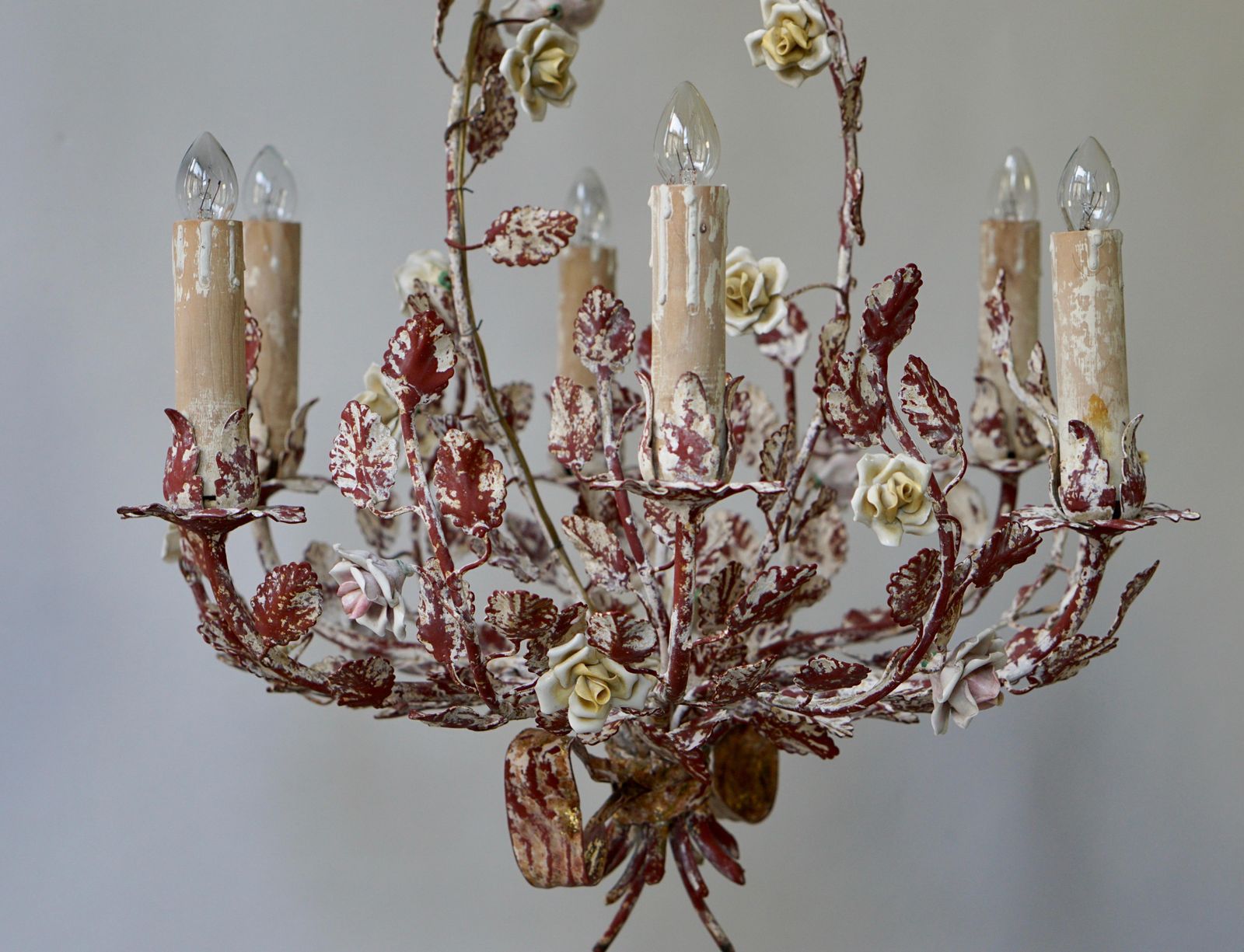 Italian Tôle Chandelier With Porcelain Flowers, 1960s photo vintage