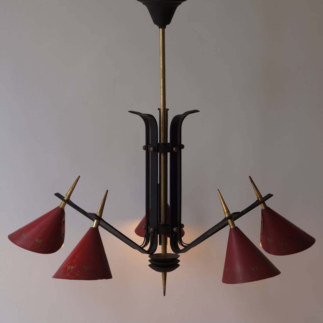Italian 1950s Brass And Metal Chandelier photo Lighting