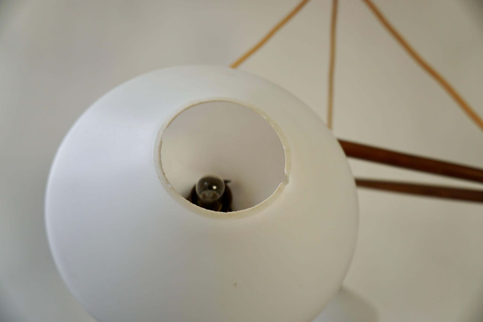 photo for sale Stunning & Stylish & Rare Mid Century Modern 3 Light Glass & Teakwood Chandelier