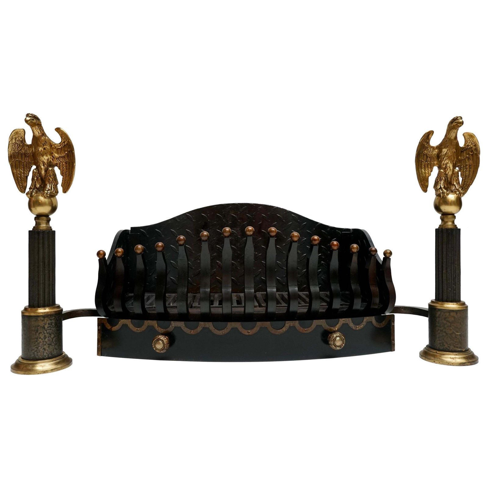 Monumental Late 19th Century Cast Iron Fire Grates Basket With Bronze Eagles