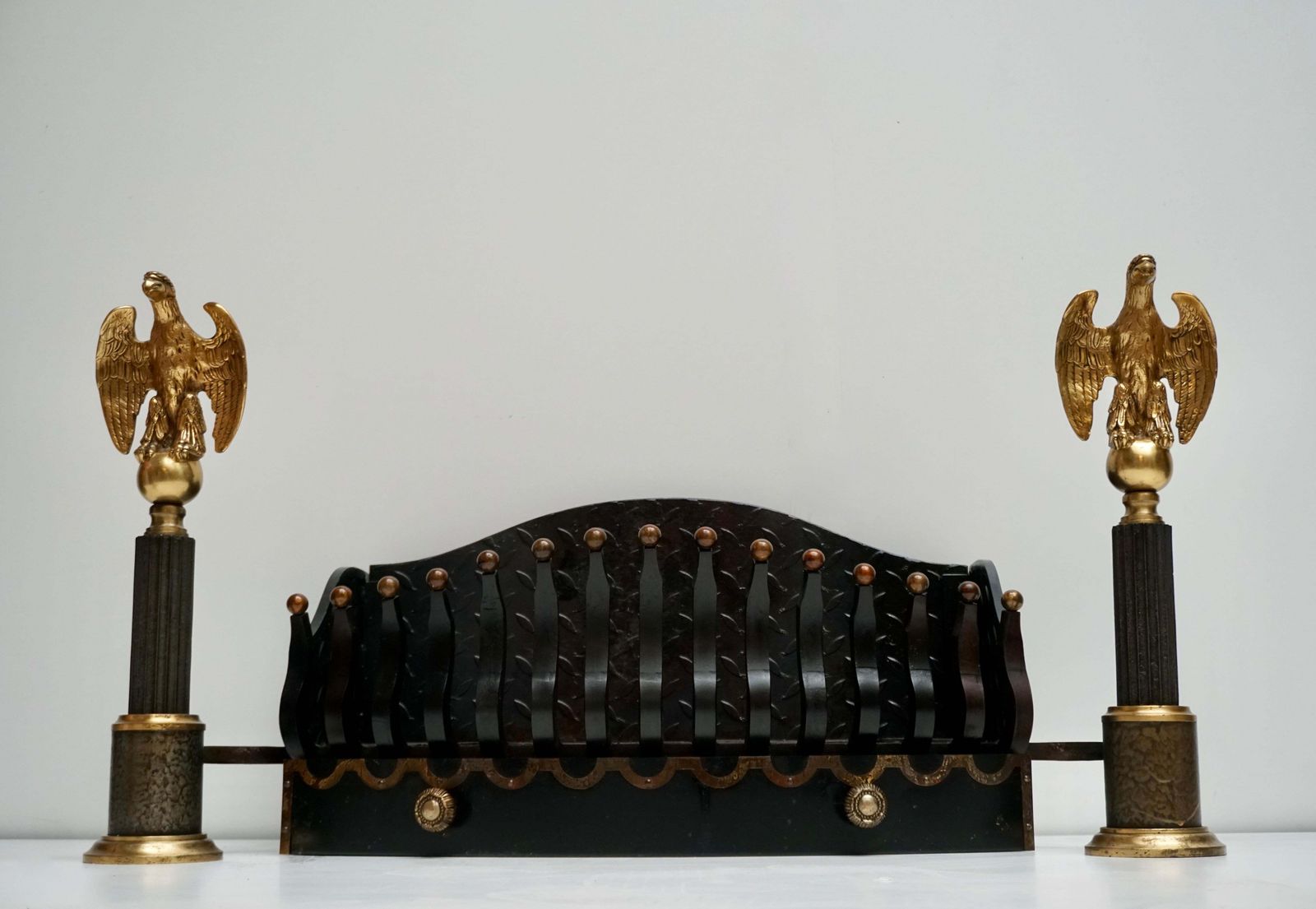 Monumental Late 19th Century Cast Iron Fire Grates Basket With Bronze Eagles photo buy