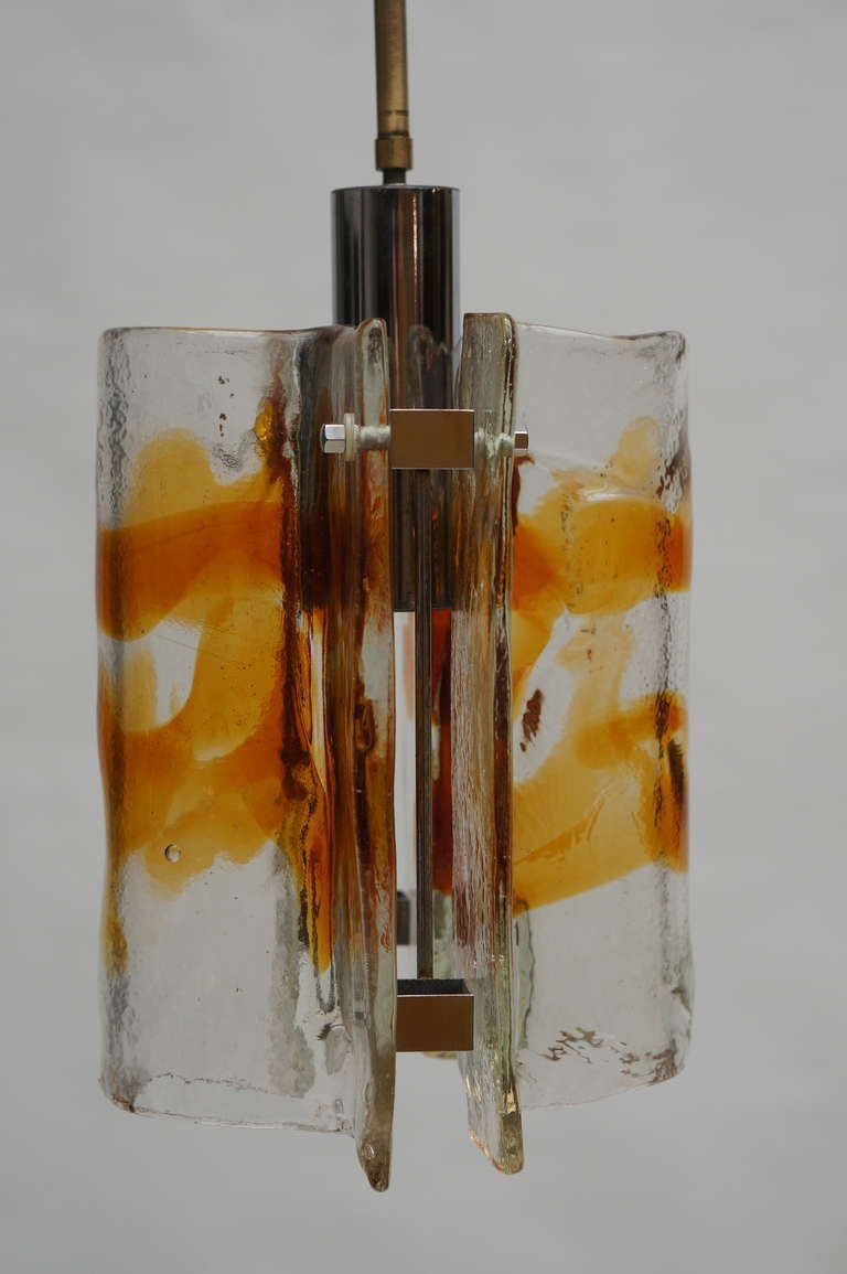 photo furniture Mazzega Clear And Amber Curved Glass Tile Chandelier On Chrome Frame