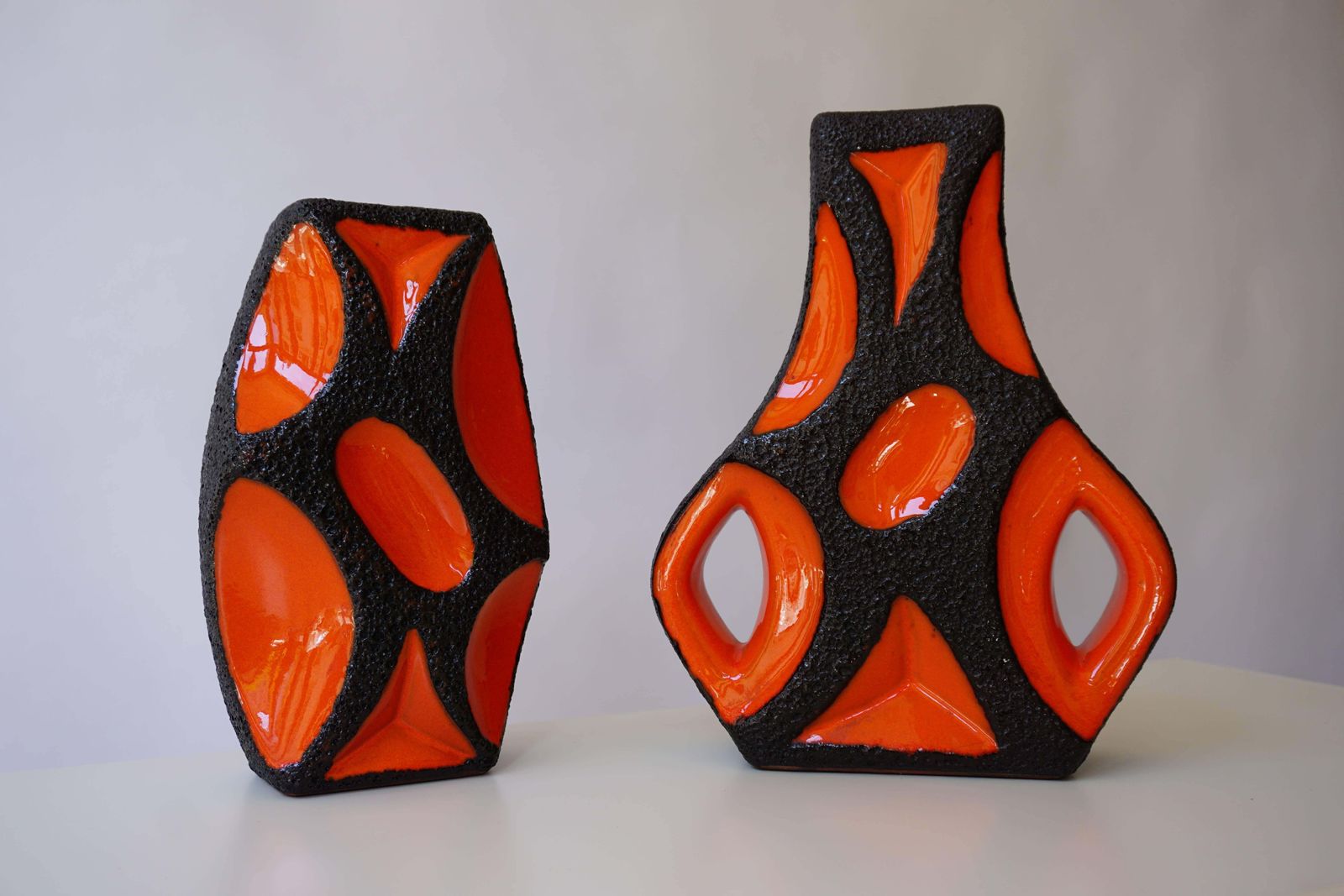 Two West German Roth Keramik Art Pottery 'Fat Lava' Guitar Vase photo furniture