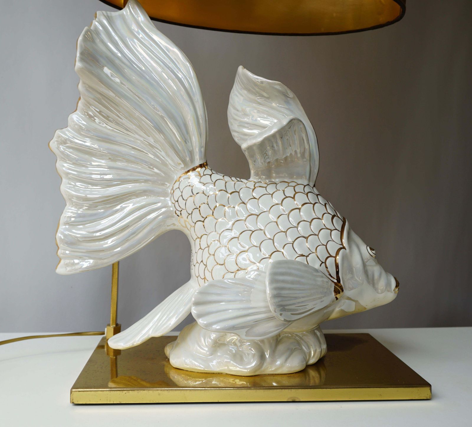 Italian Midcentury Big Ceramic Fish Lamp With Brass Details, 1970s photo for sale