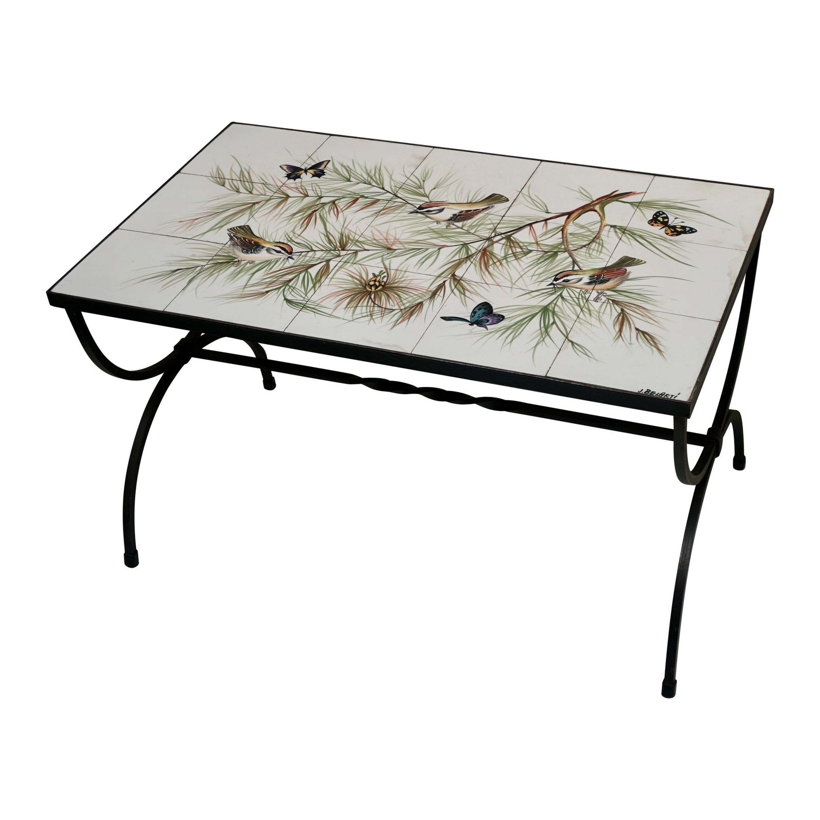 Belarti Ceramic Tile Side Coffee Table With Birds And Butterflies, 1960s