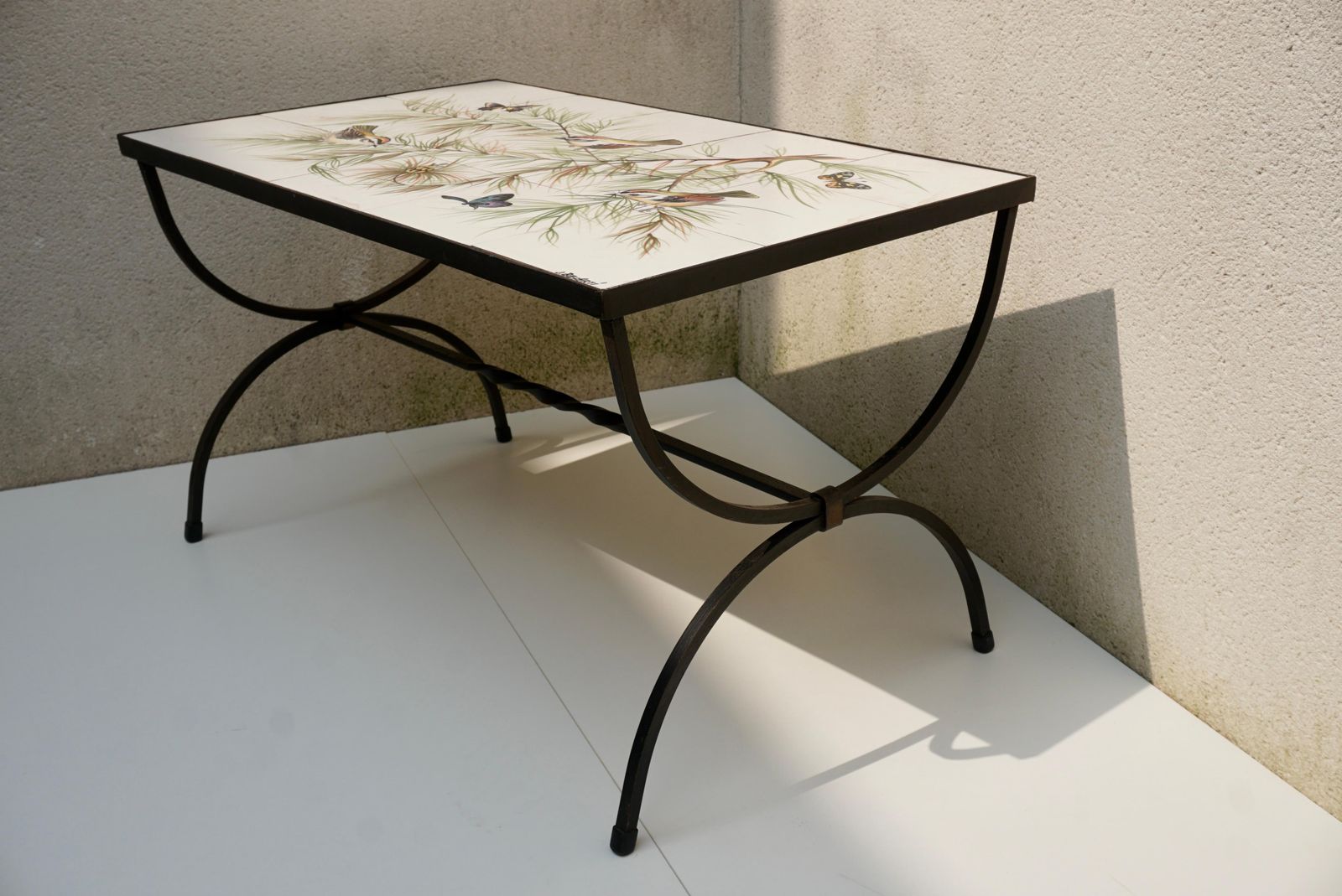 Belarti Ceramic Tile Side Coffee Table With Birds And Butterflies, 1960s photo for sale