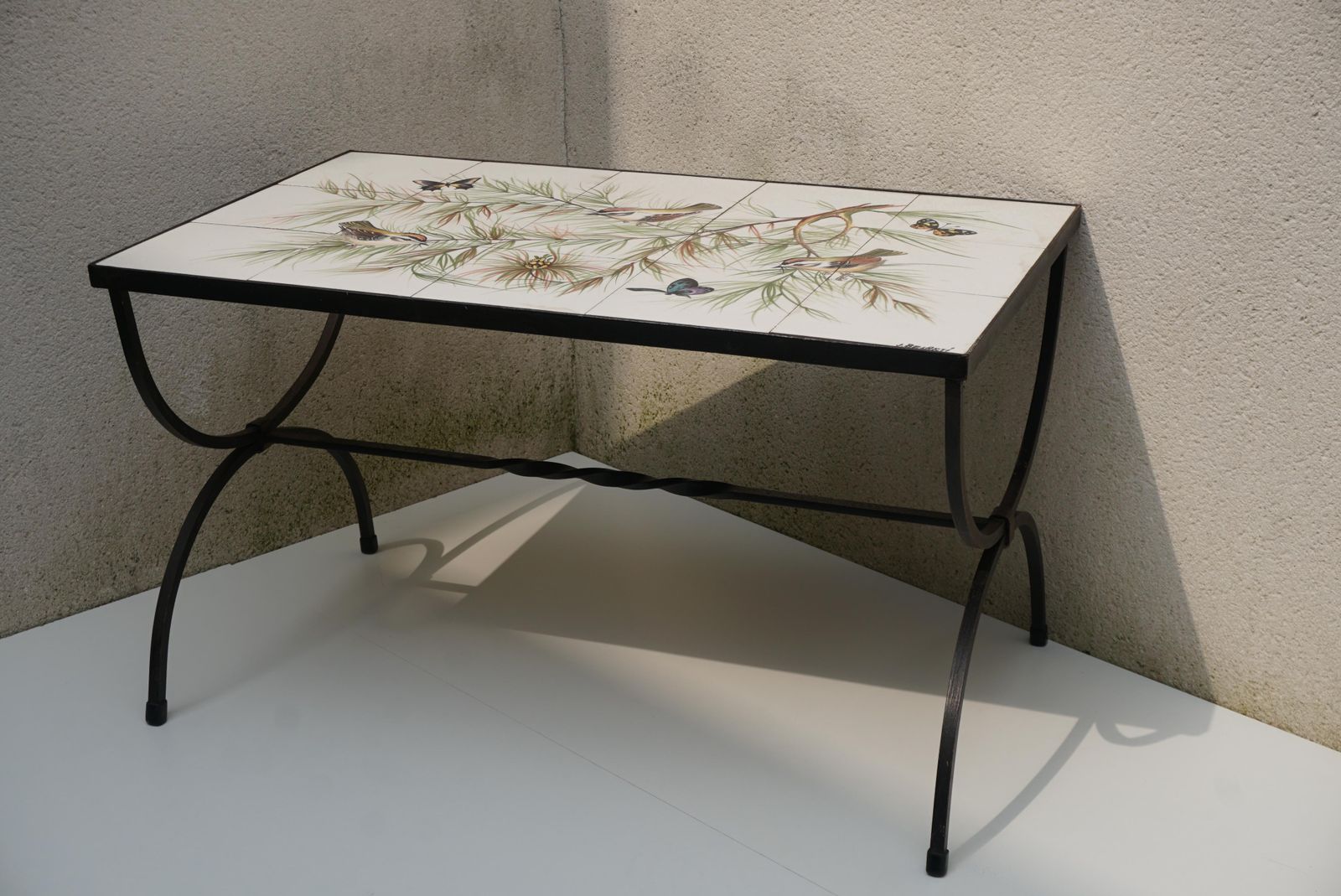 Belarti Ceramic Tile Side Coffee Table With Birds And Butterflies, 1960s photo buy
