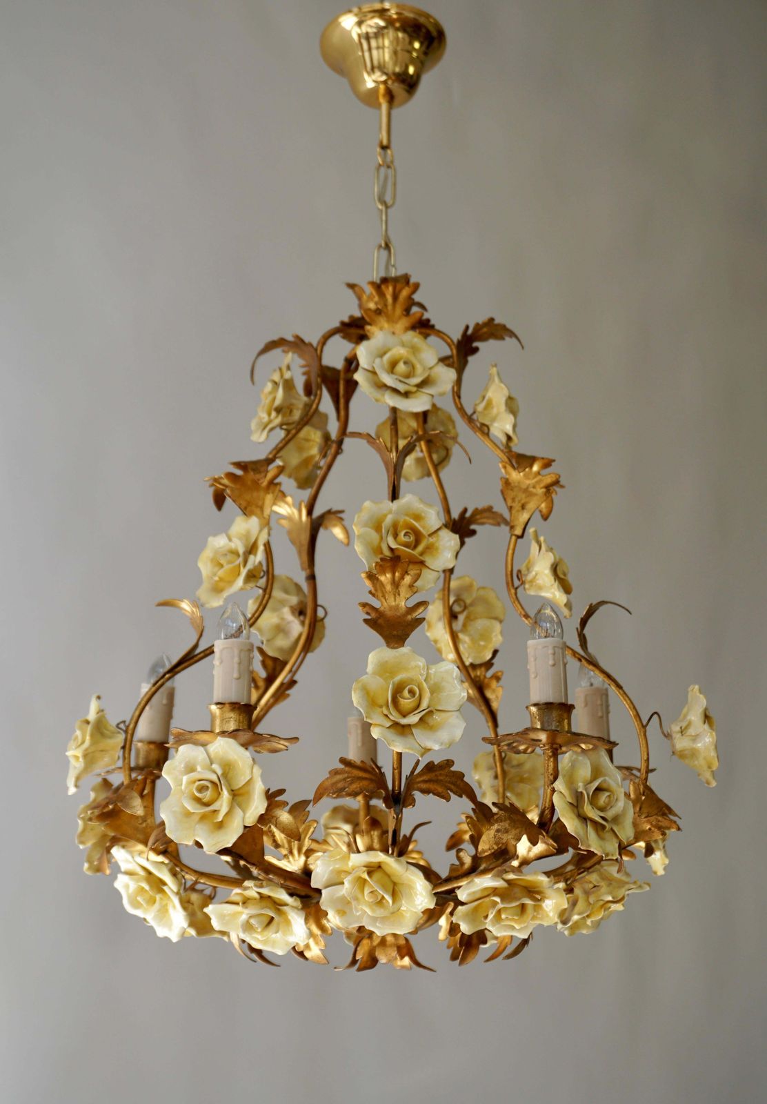 Italian Brass Tole Chandelier With Yellow Porcelain Flowers photo buy