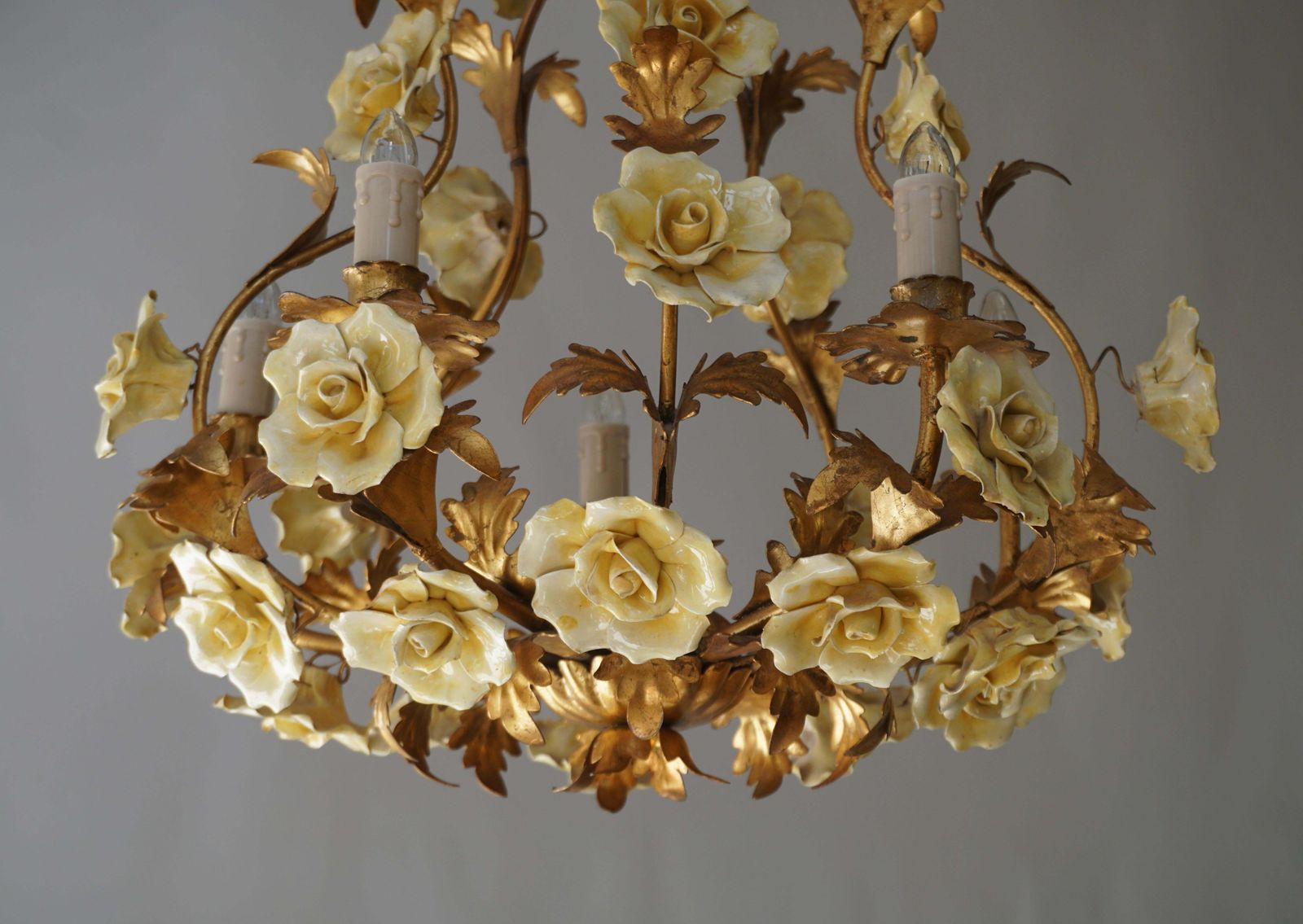 Italian Brass Tole Chandelier With Yellow Porcelain Flowers photo vintage