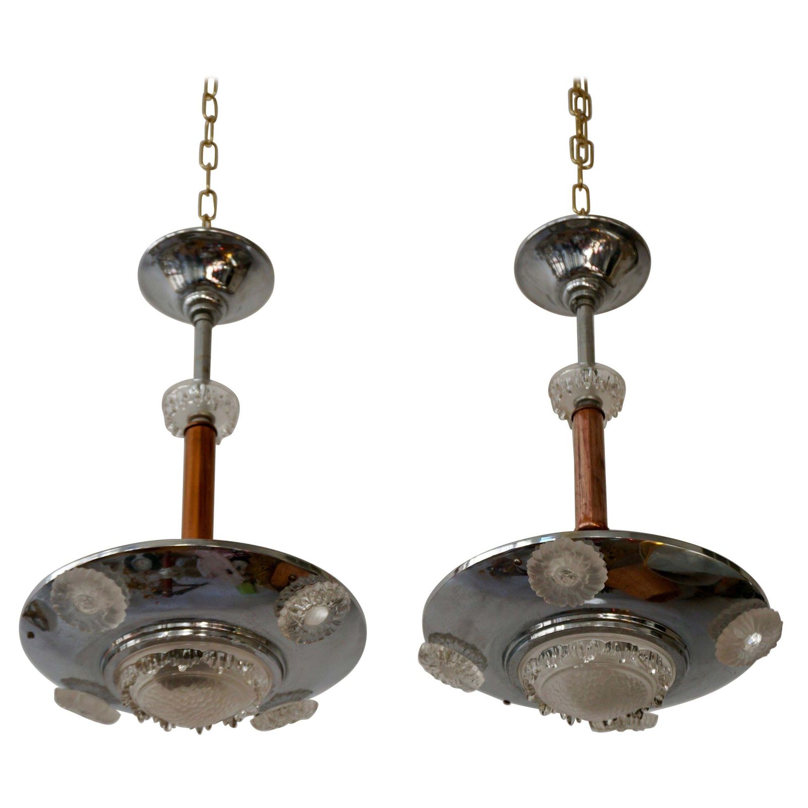 Pair Of 1930s Chrome And Glass Art Deco Chandeliers