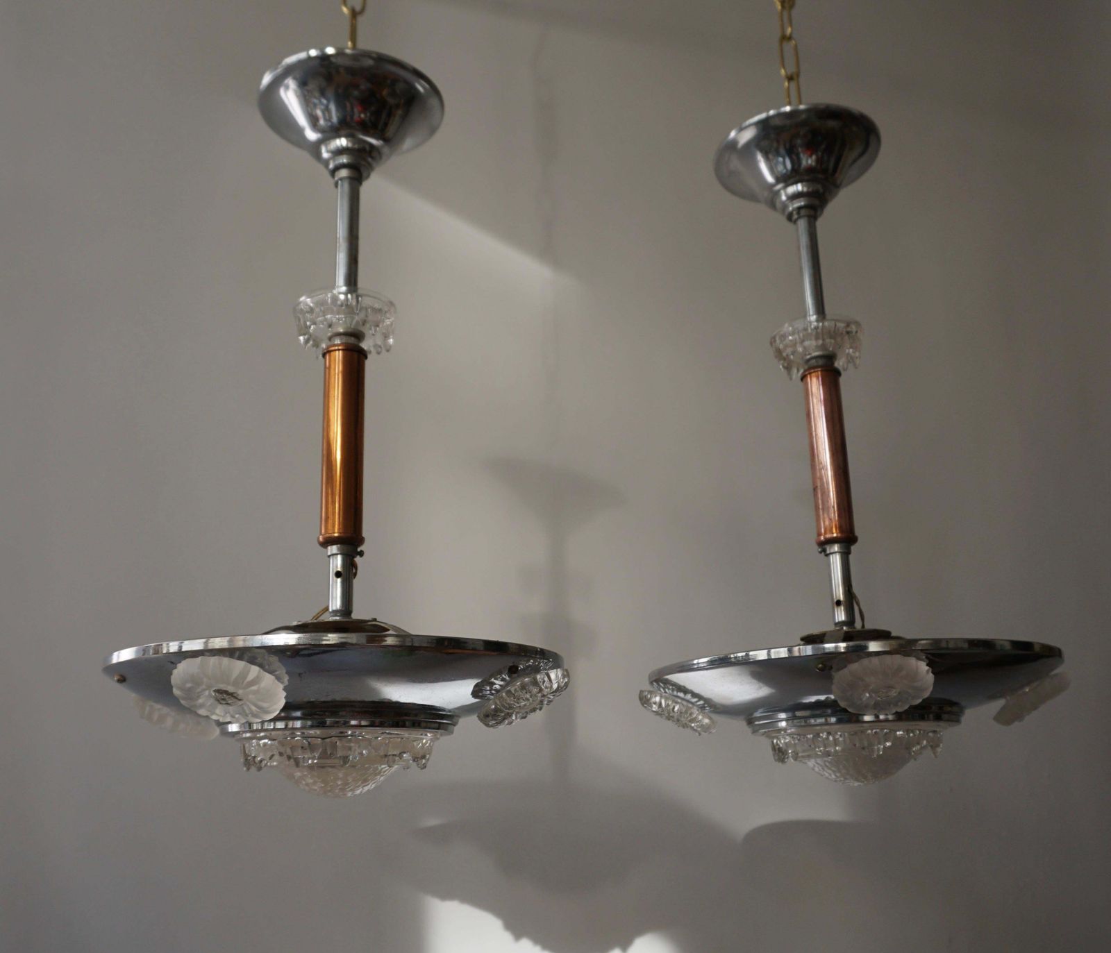 Pair Of 1930s Chrome And Glass Art Deco Chandeliers photo Lighting