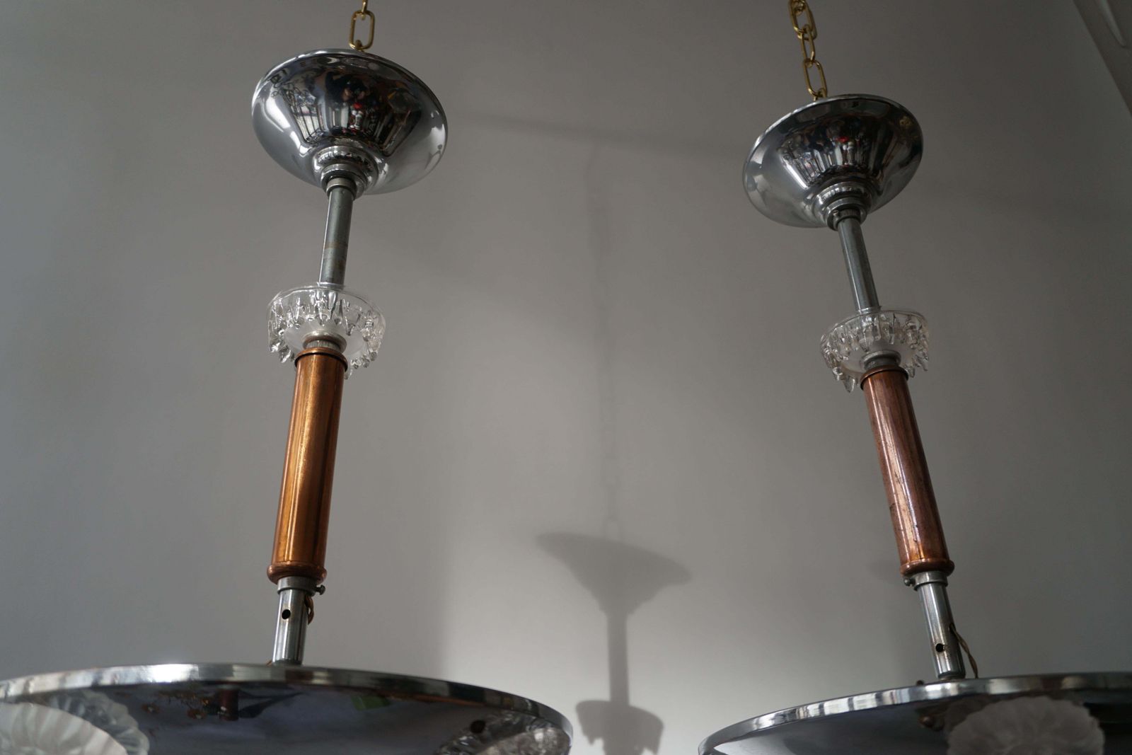 Pair Of 1930s Chrome And Glass Art Deco Chandeliers photo buy